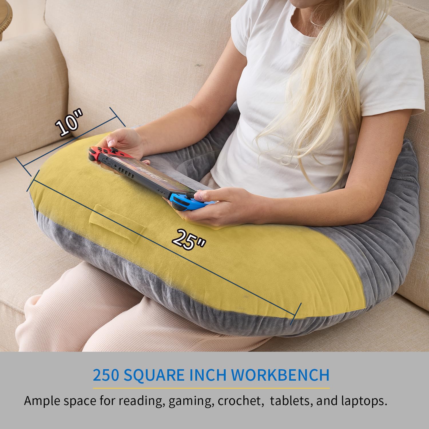 Lesekissen zum Spielen, ergonomische Armstütze zum Spielen, Häkeln, Laptop-Stützkissen zum Sitzen im Bett & Sofa, Haltungskorrektur-Kissen für den Schoß, Samtbezug waschbar (Soft Grau)