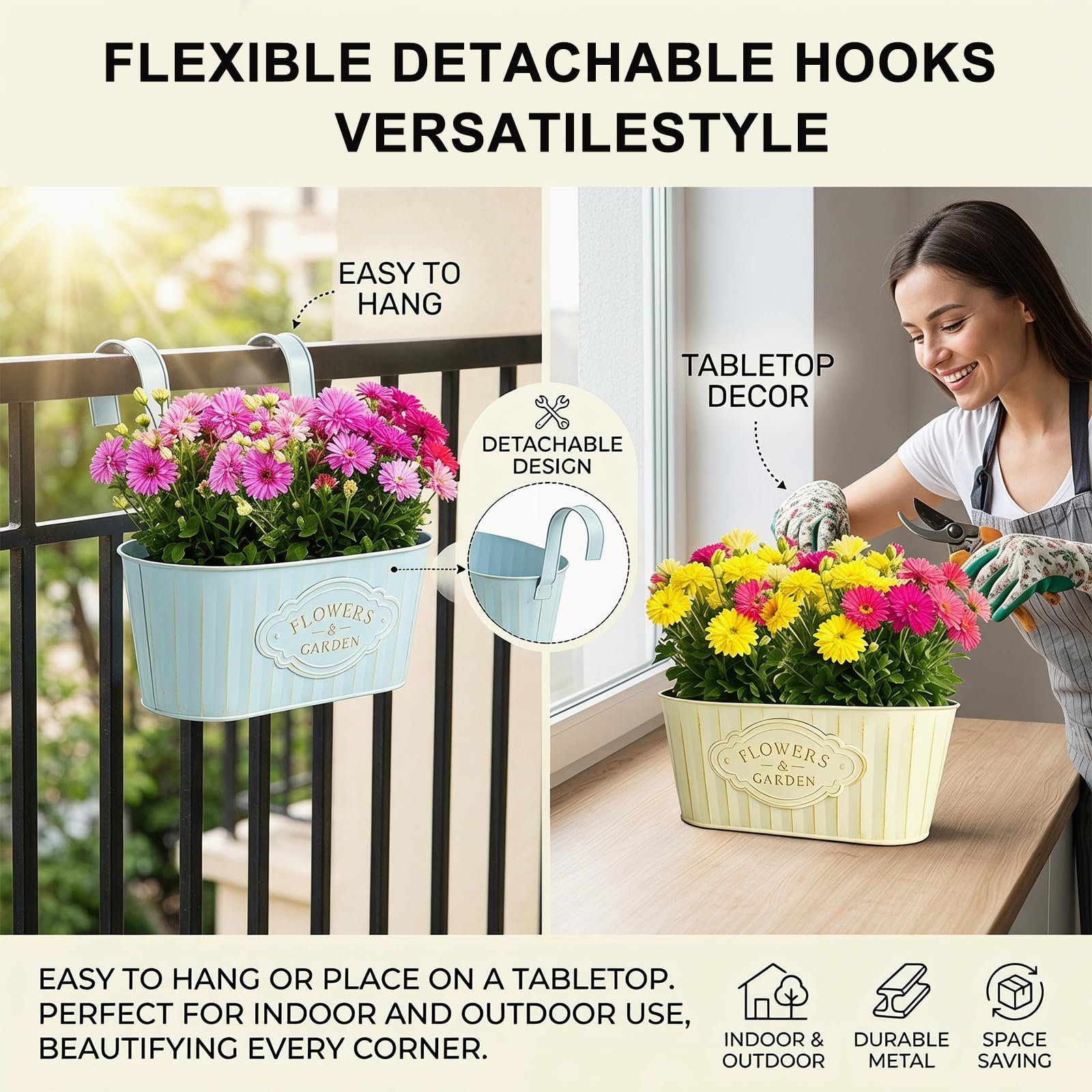 FARYODI 4 pezzi vasi da fiori pensili in metallo, 27,5 cm, vasi pensili per piante, secchi per fiori pensili, vaso da fiori pensile per ringhiera del balcone, recinzione, giardino