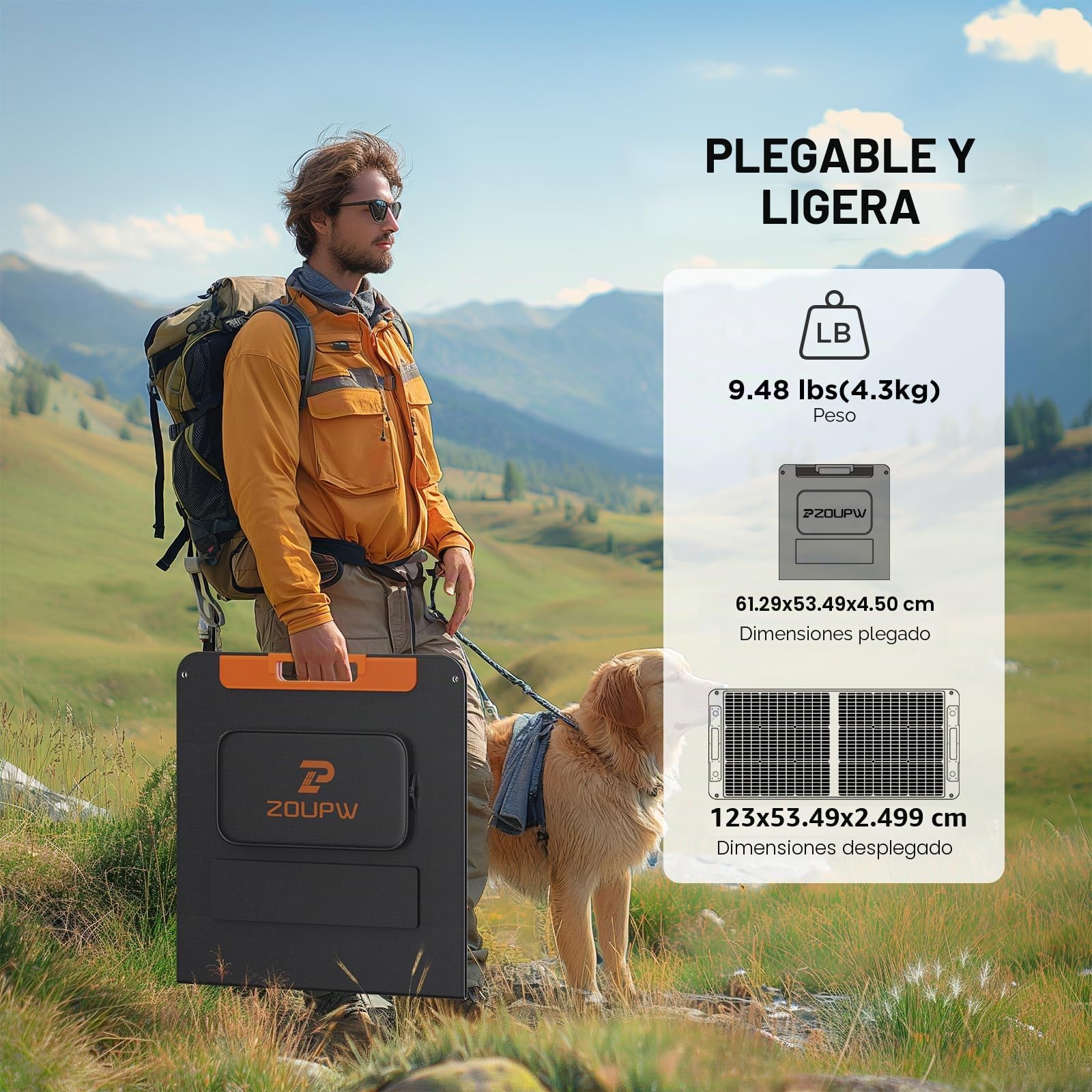 ZOUPW Panel solar portátil de 100 vatios con guía de ángulo solar, 23.5% de eficiencia, cargador solar plegable para Jackery 300/500/1000V2 y Anker Solix, IP67 impermeable energía fuera de la red para