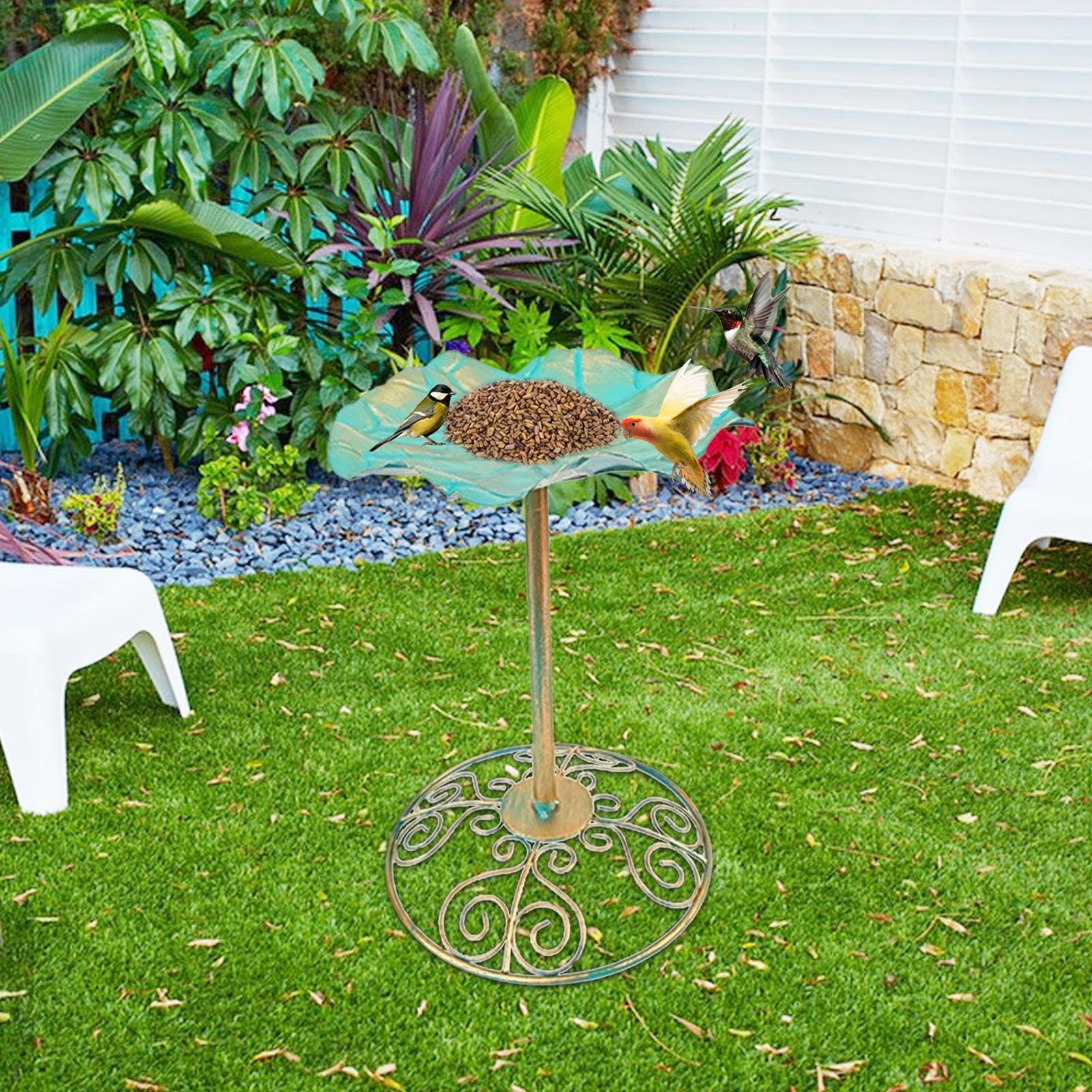 Vasca per uccelli da giardino, piedistallo in ferro, antiruggine, decorazione per recinzione, cortile, portico, prato, cortile, balcone