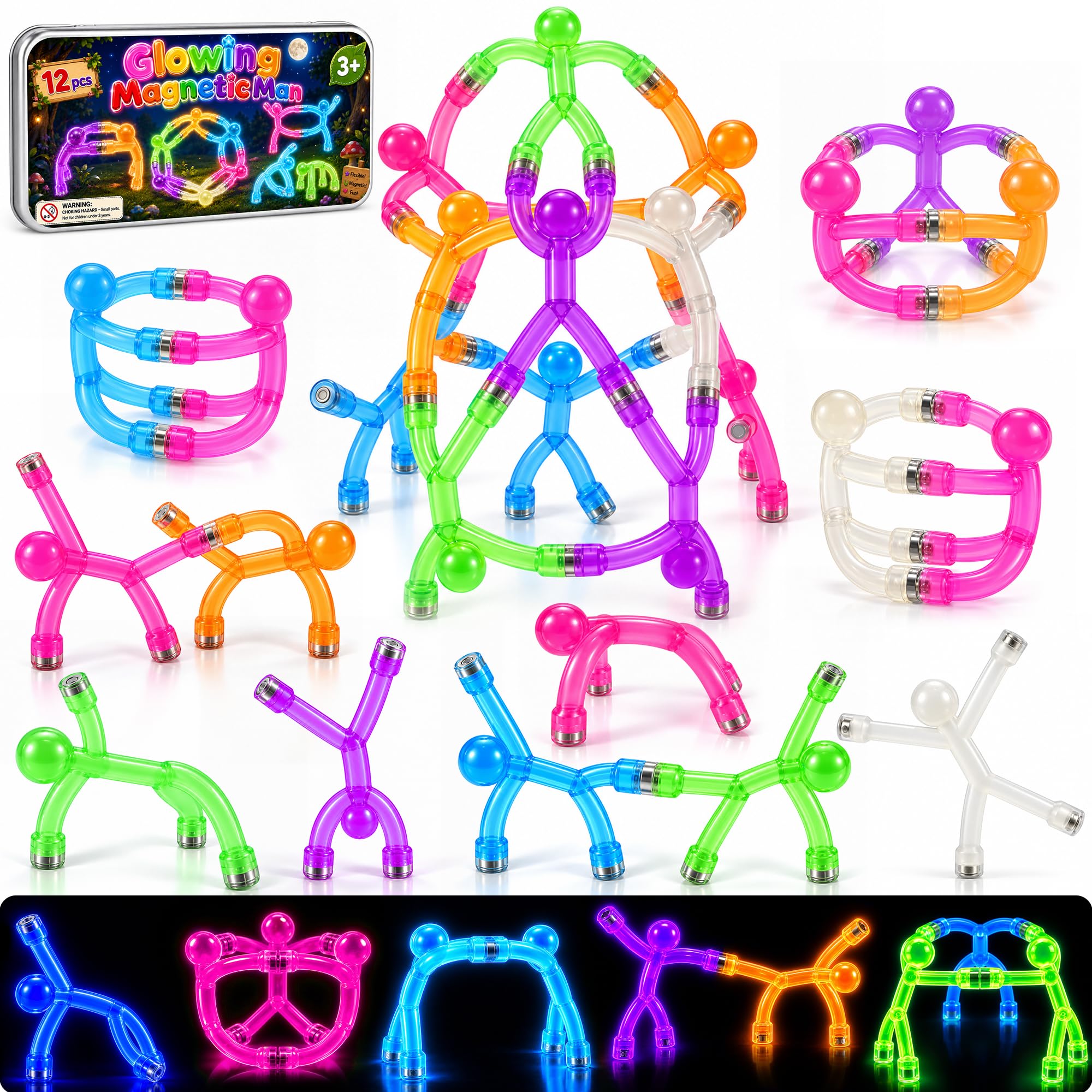 12 Pcs Glowing Magnetic Men Fidget Toys, Magnet Travel Toys with Metal Box