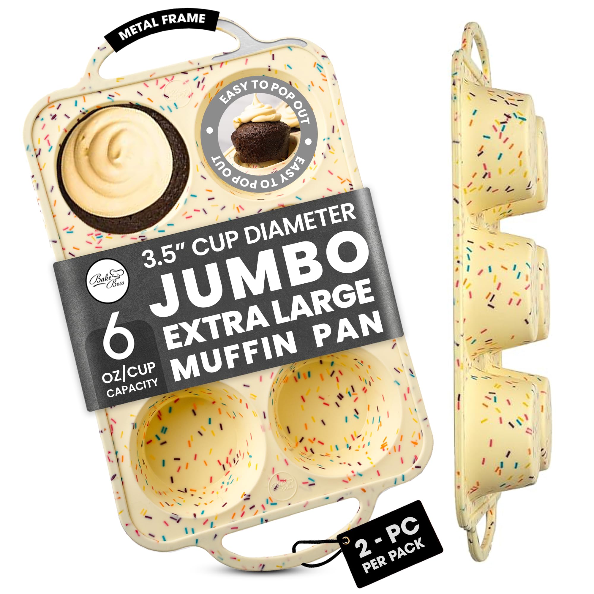BAKE BOSS Juego de 2 moldes de silicona para magdalenas de Texas – 6 tazas de silicona jumbo para cupcakes, silicona antiadherente, simplemente sale. Perfecto para magdalenas de huevo, magdalenas