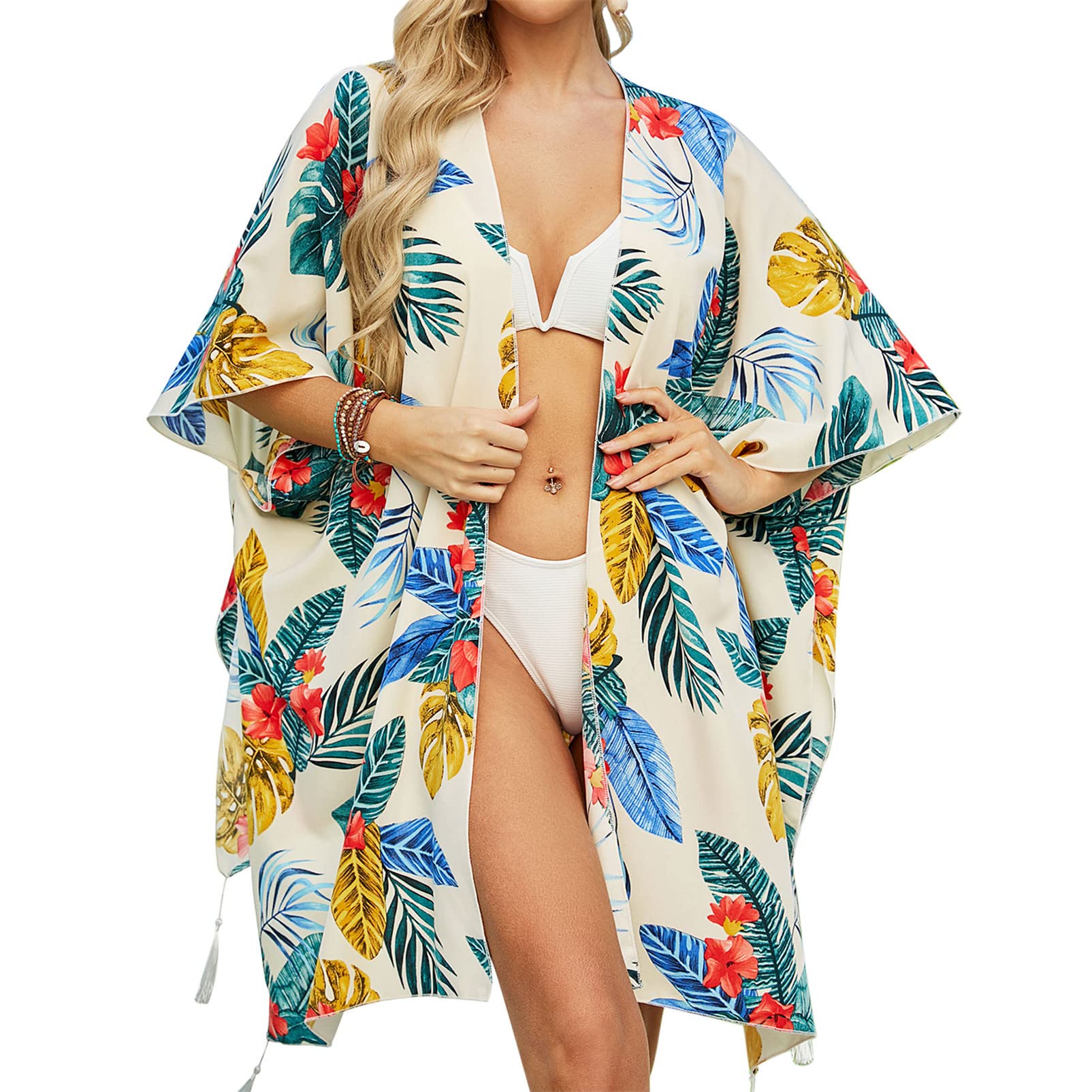 YloveM Playa Traje de baño Capas Mujer Cover Ups Gasa Estampado Floral Kimono Suelto Chal Cárdigan Boho Playa Verano Vestido de baño de Bikini Chaqueta