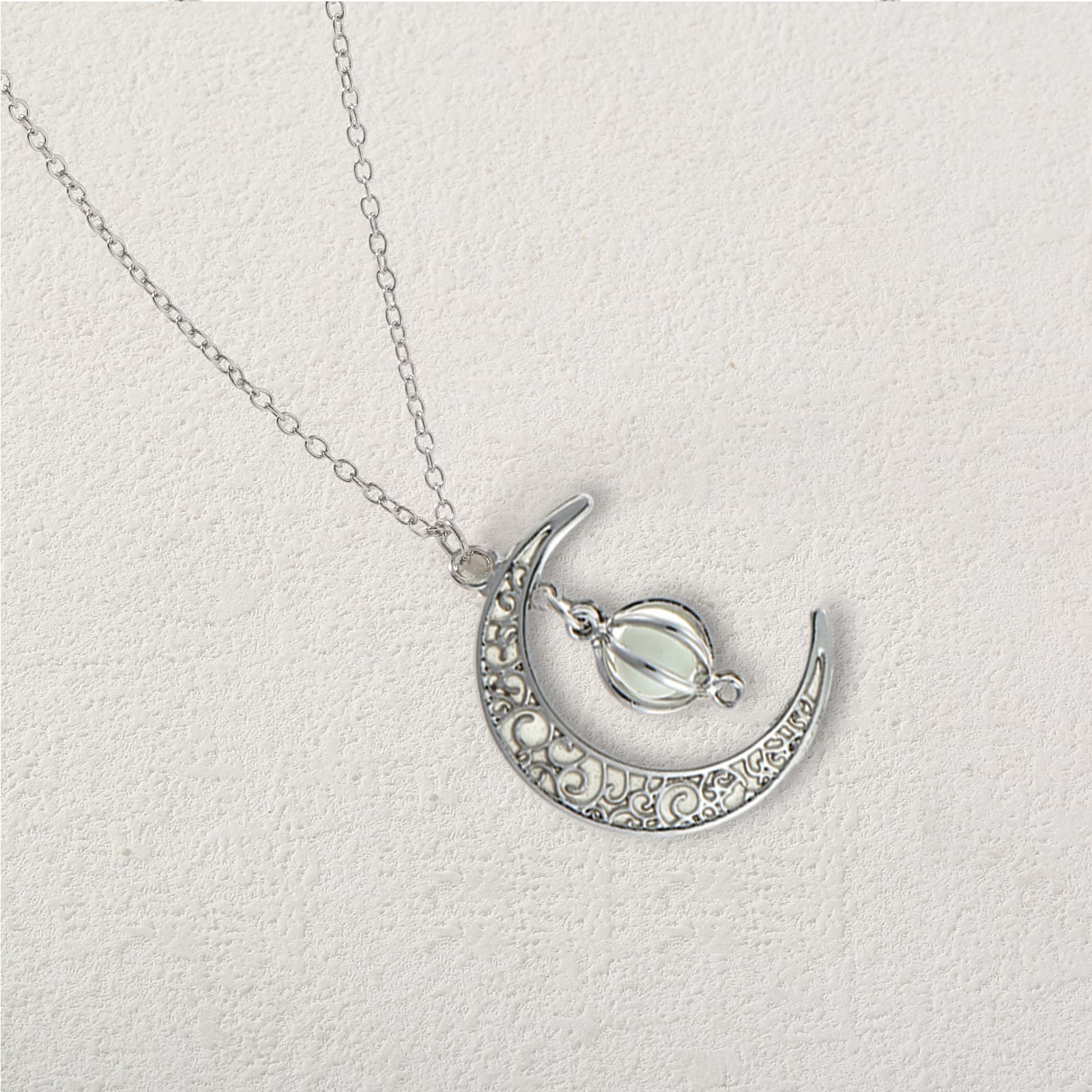 EEQQBZ Glow in The Dark Silver Crescent Moon and Orb Necklace - Glowing Blue Moon Charm - Magical Fantasy Fairy Glowing Necklace - Glow Jewelry (sky blue)