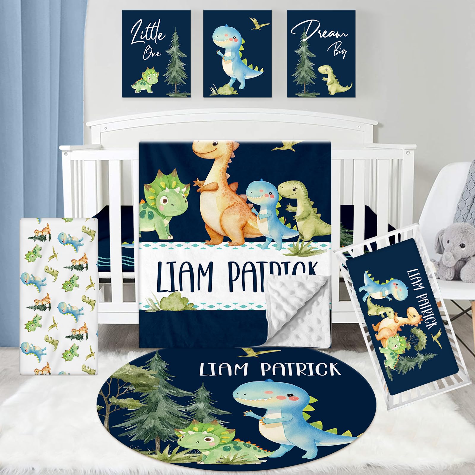 Personalized Baby Crib Bedding Set - 5 Piece Custom Gift Crib Dinosaurs Bed Set with Name for Baby Boys, Crib Sheet,Changing Pad Cover, Rug, Wall Art, Nursery Decor for Infant(Fixed Size)