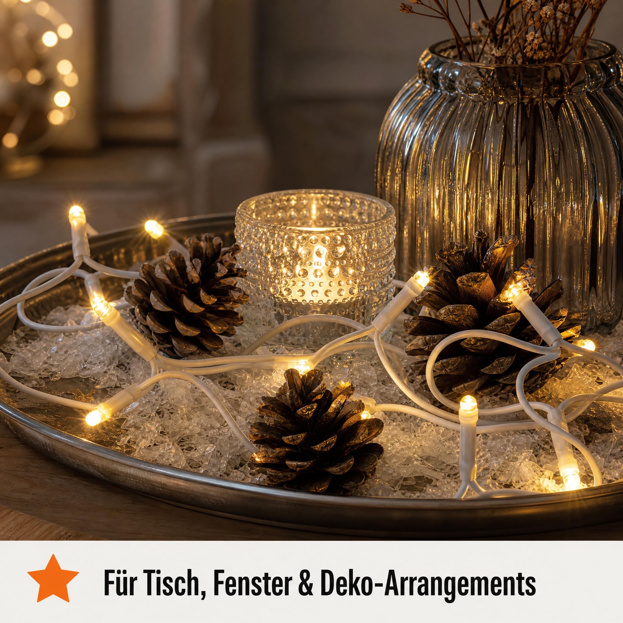 hellum Mini Lichterkette weißes Kabel warmweiß, 1,35m beleuchtet, 10 LED