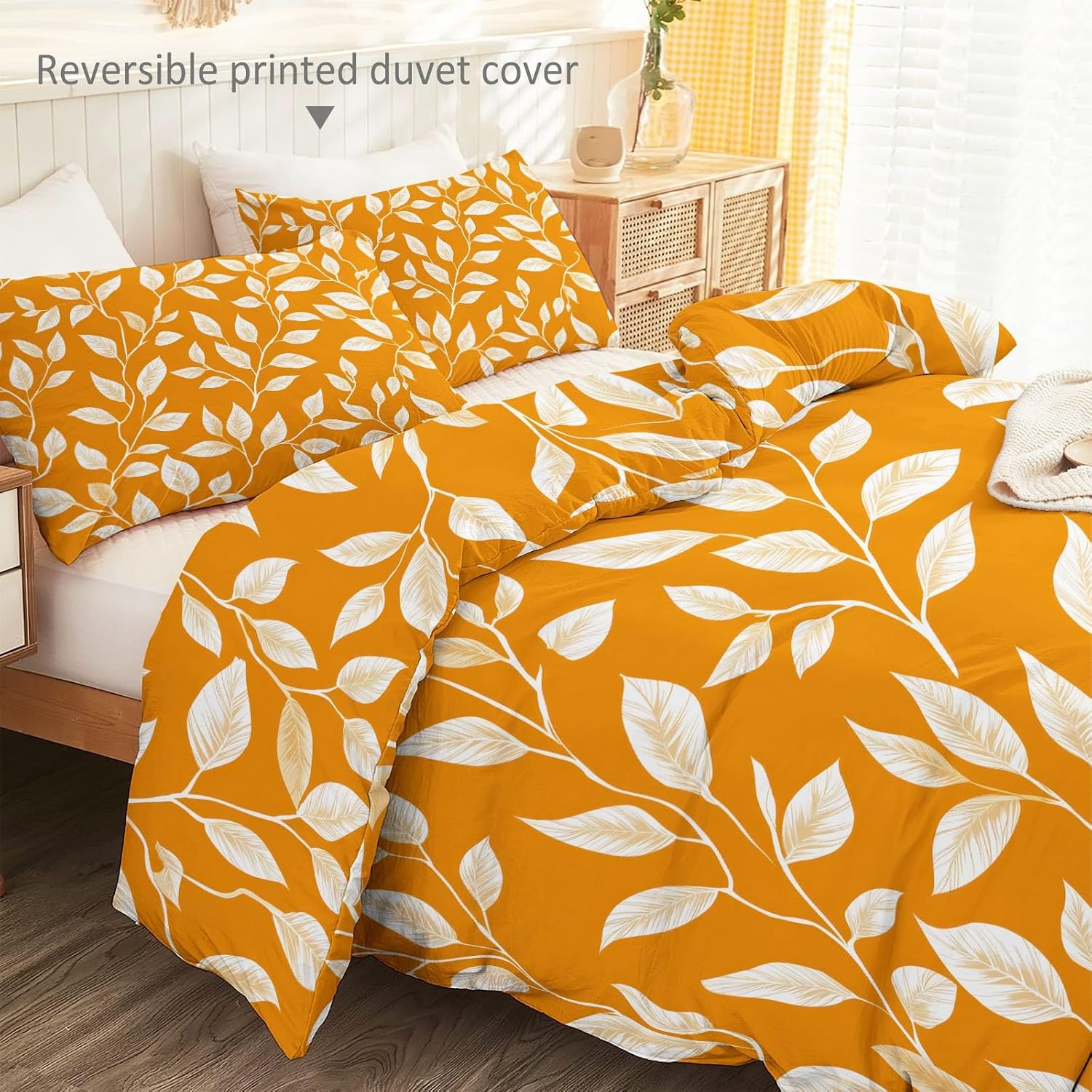 Duvet Cover Sets Minimalist Plant Hand-Drawn Leaves Reversible Bedding Printed Comforter Sets, Full Size 80"x90" Bedding for Kids Boys Girls Adult, Quilt Cover with Zipper Closure 4 Ties, Orange Color