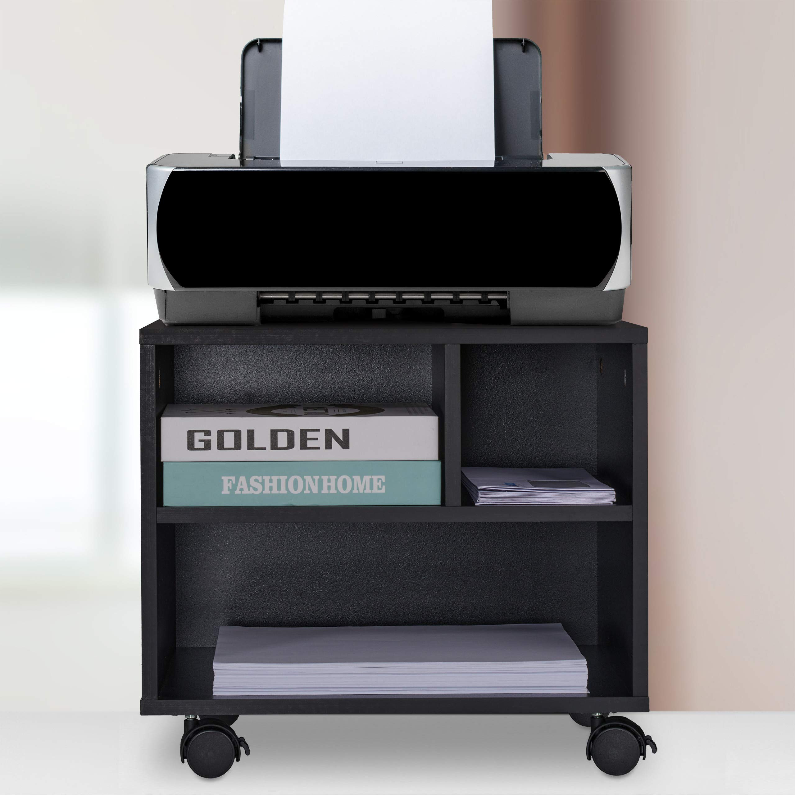 Relaxdays Carrello Porta Stampante, 3 Scomparti Aperti, per Ufficio, Mobiletto con Ruote, HxLxP 35,5 x 40 x 30 cm, nero