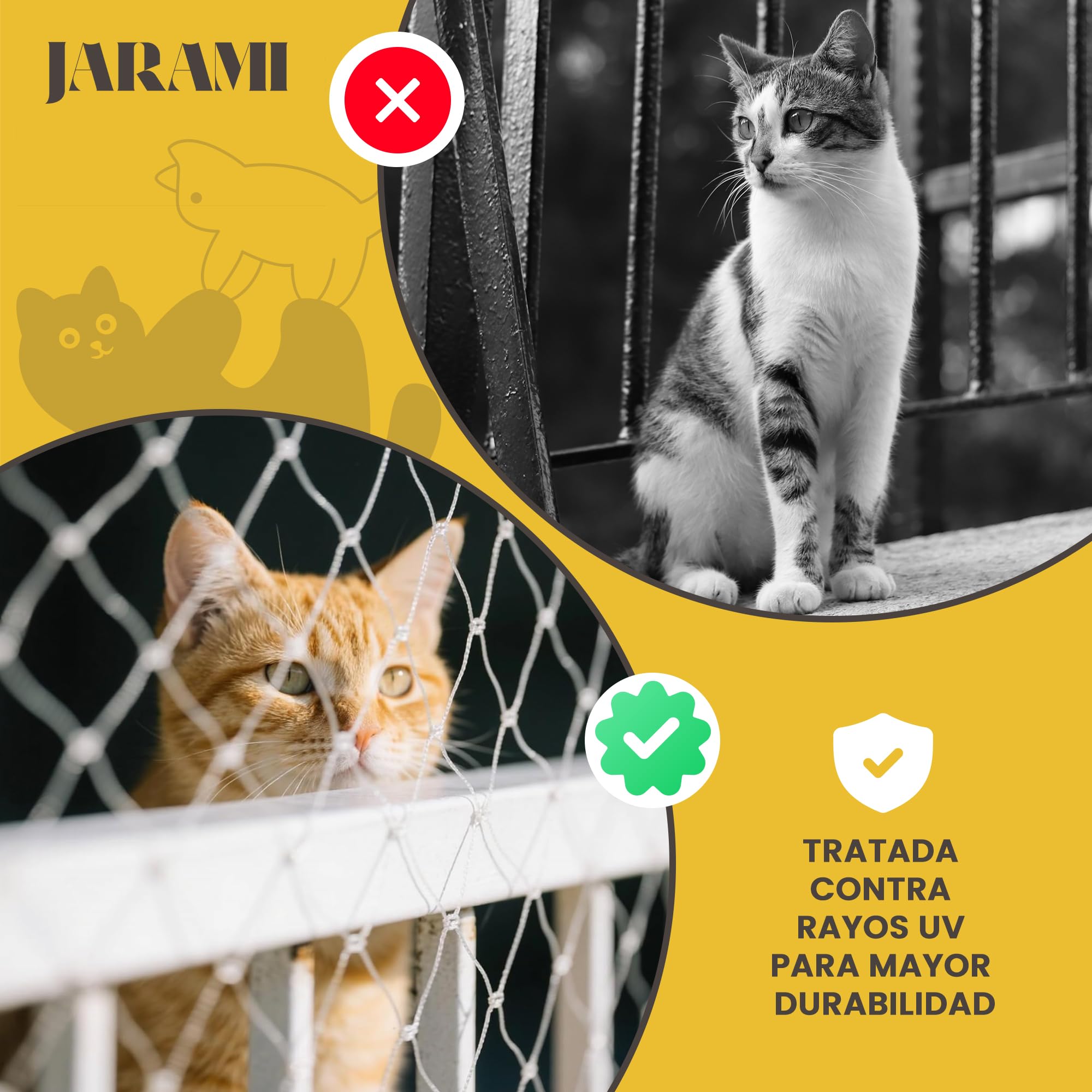 JARAMI - Red para Gatos terraza con Accesorios Incluidos - Red para Gatos Reforzada 8x3m - Malla Resistente y Duradera para Balcón, Terraza y Ventana - Malla Protectora Balcon.