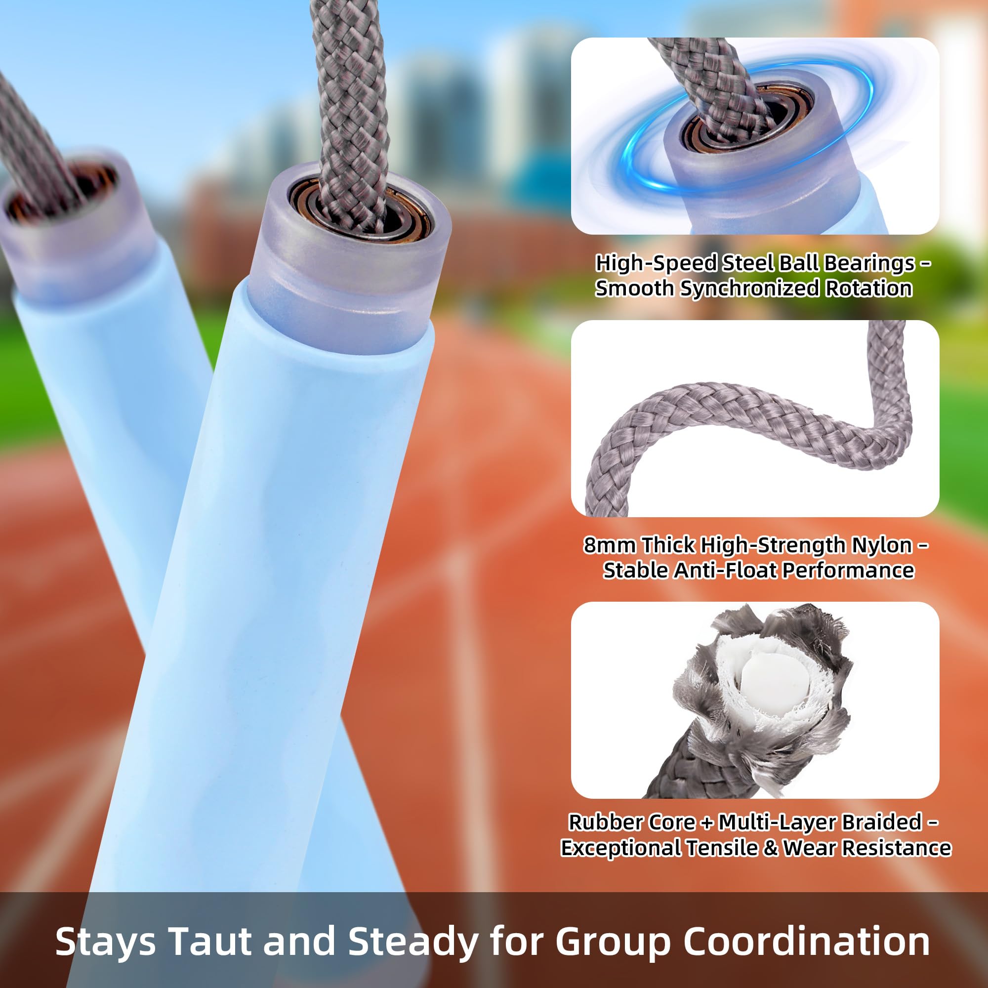 YUEDONG Springseil für Gruppen, 8 mm dick, 5 Meter, verstellbar, robustes Nylon-Baumwoll-Mischgewebe, Kollektiv-Springseil mit 360°-Kugellagern, Wellenstruktur, Vollsilikon, rutschfest, ergonomische