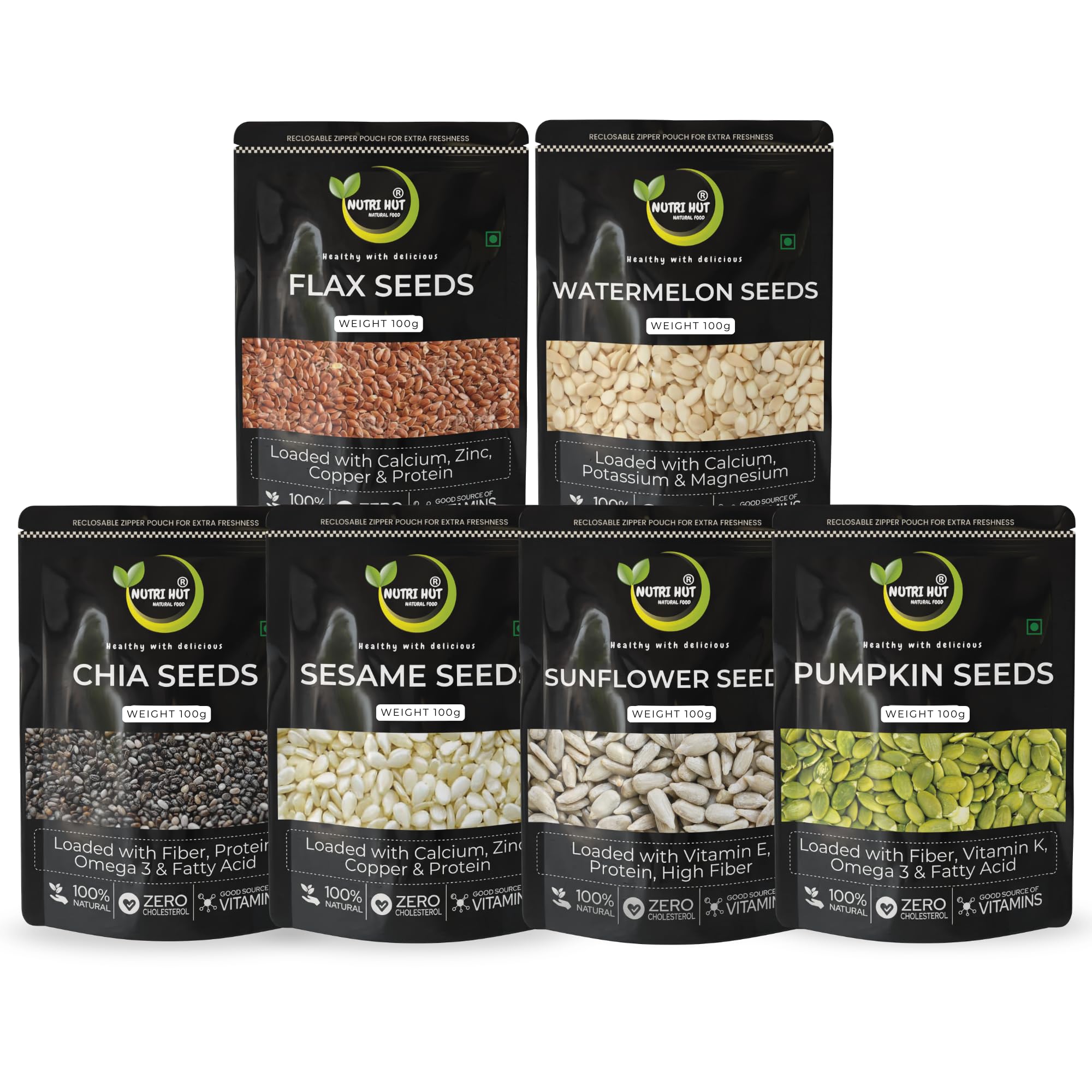 Nutri Hut 6 Pack Super Seeds Combo (100g Each) | Chia, Flax, Pumpkin, Sunflower, Sesame, Watermelon Seeds | Superfood Rich in Protein, Fiber & Omega-3 | Healthy Snacking (600g)-image-47