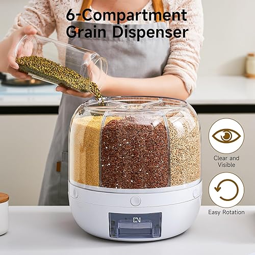 Miniatura 5 de Dispensador de arroz Contenedor de almacenamiento de granos giratorio de 360 6 rejillas, contenedor de alimentos de gran capacidad de 20 libras, a