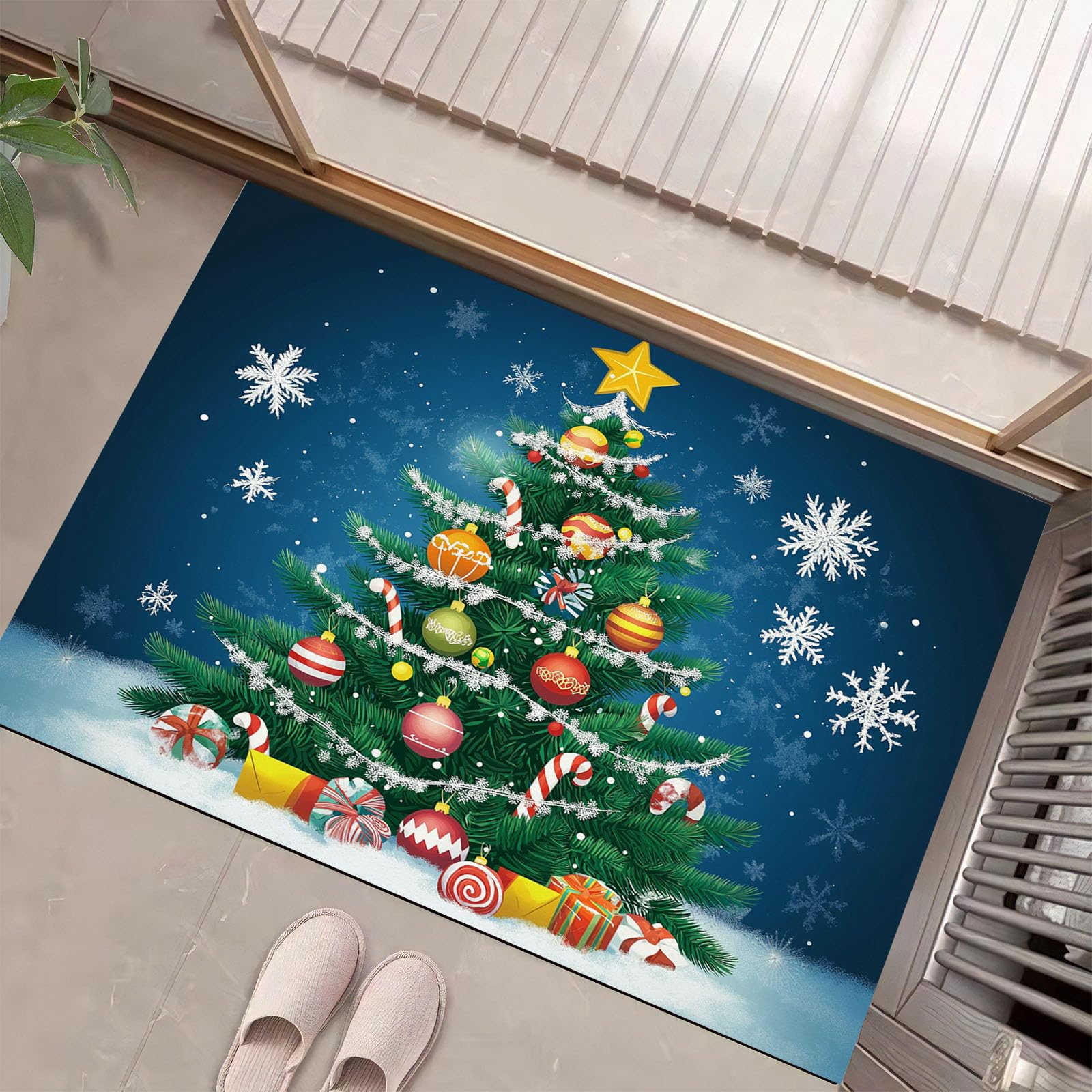 Fußmatte Bunte Weihnachtskugeln grünes Weihnachtsbaumdesign, Türmatte rutschfest Waschbar, Weihnachts Fussmatte Innen und Außen, Blau Farbgebung Weihnachts Fußmatte Winter, 90 x 150 cm