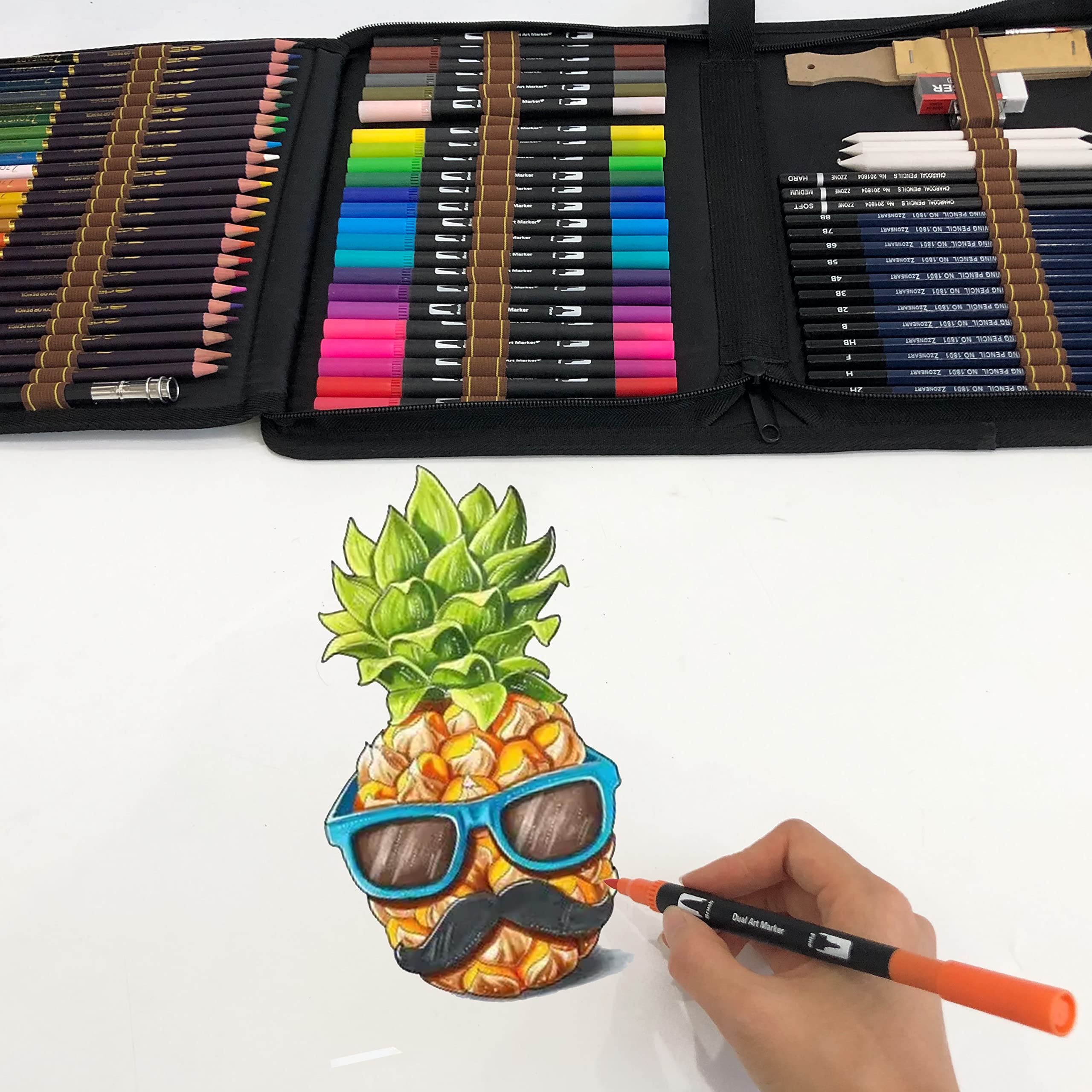 QUER Pennarelli per Disegno Artistico, 24 Pennelli a Doppia Punta, 24 Matite Acquerellabili, 12 Matite da Disegno e Accessori allegato Libro da Colorare per Bambini e Adulti