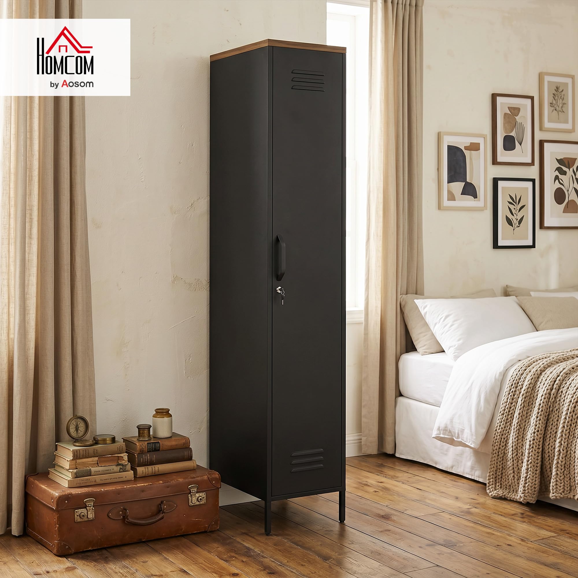 HOMCOM Armadietto Spogliatoio 35x46x183 cm Nero e Marrone Effetto Legno | Slim in Metallo, Chiusura a Chiave, Ripiani Regolabili, Armadio Metallico Multiuso, Industriale, per Casa Ufficio Garage
