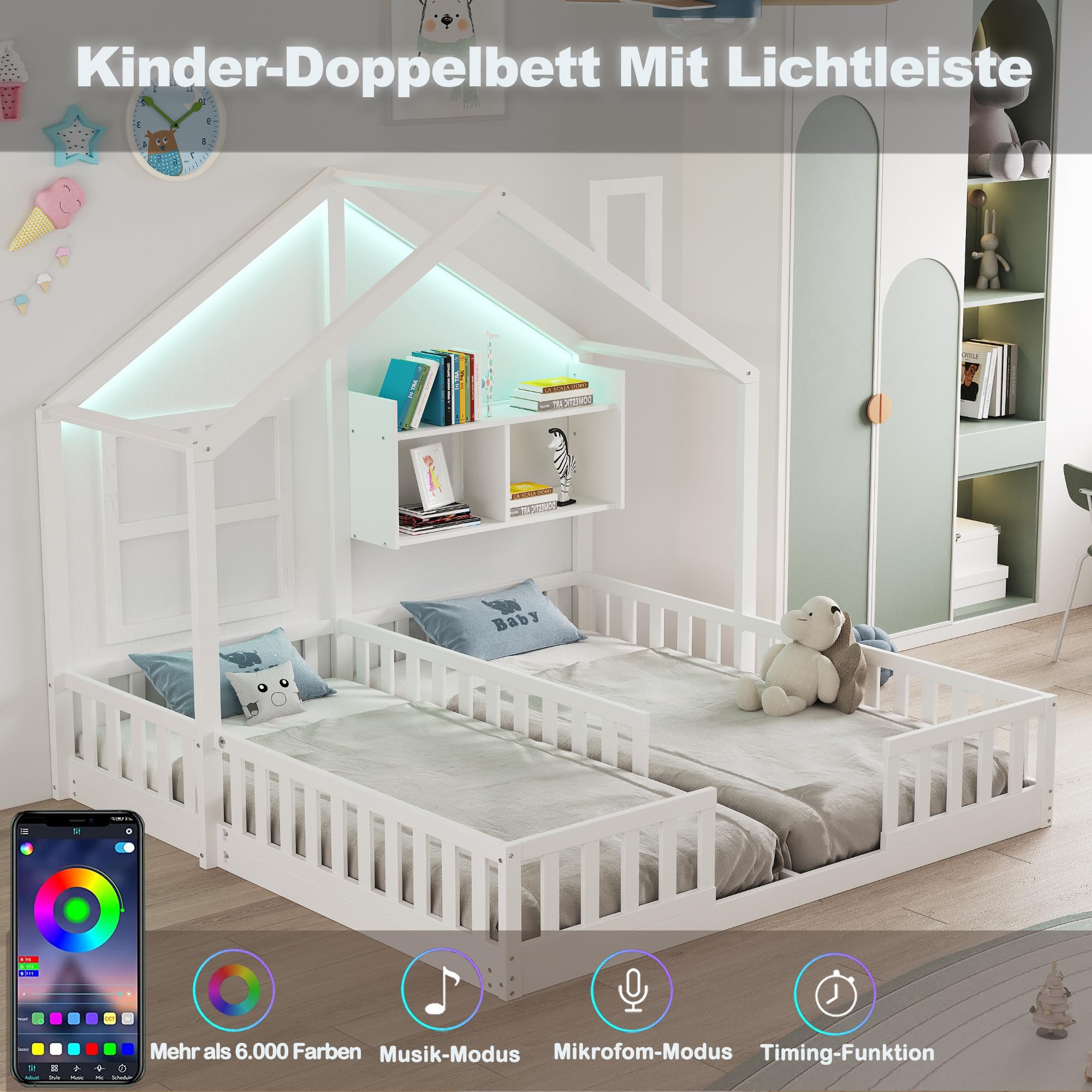 Lettino per Bambini 90×200 cm, Letto Matrimoniale Indipendente in Stile Casa, Funzione Atmosferica, Recinzione di Sicurezza e Superfici di Appoggio, Legno + MDF, Completo di Rete a Doghe per