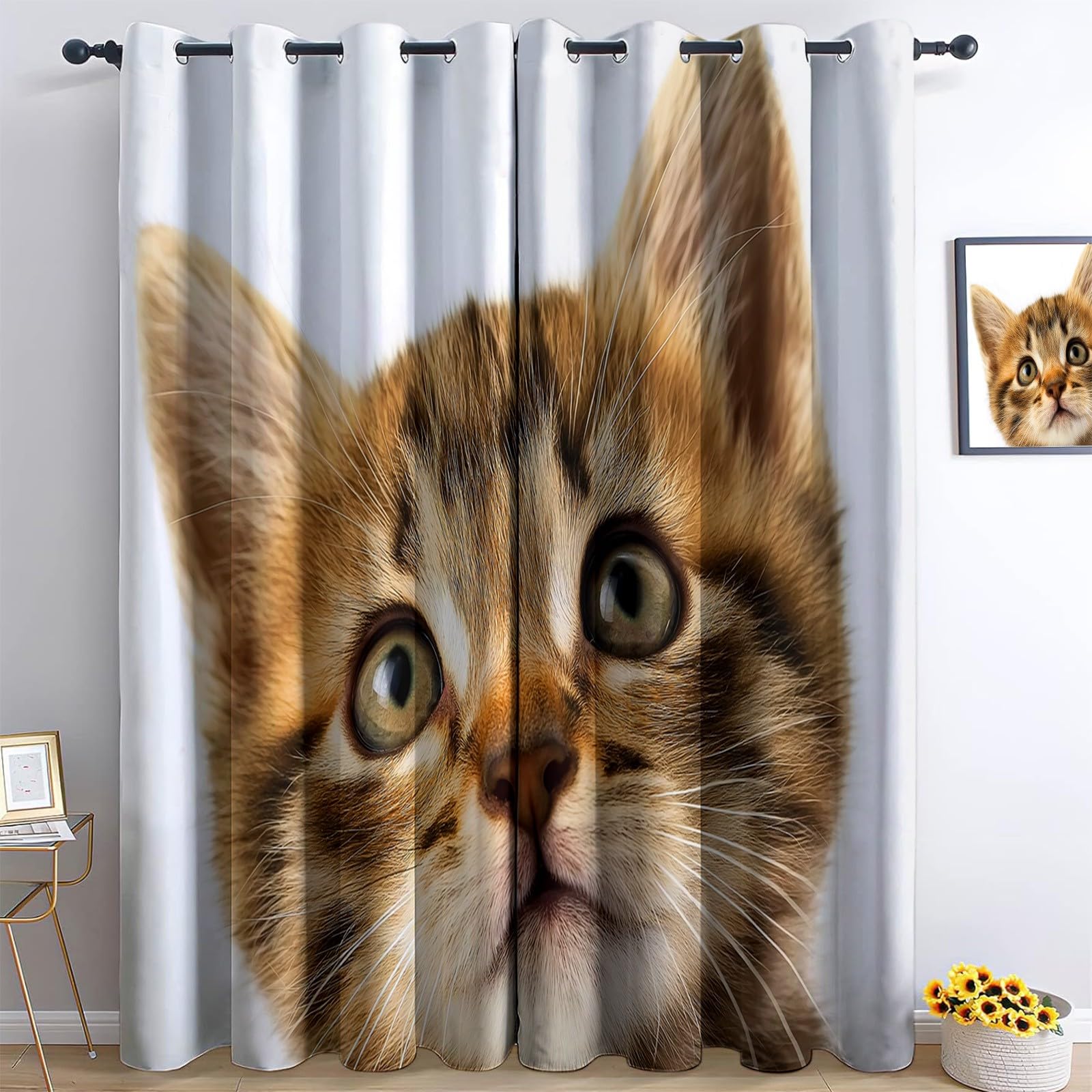 Tiere Katzen In Körben Fotografie Vorhänge 166 x 75 cm, Schlichter Stil Verdunkelungsvorhänge Ösenvorhänge Blickdicht Thermo Lärmschutz, Lichtundurchlässig für Kinderzimmer Schlafzimmer Deko, 2er Set