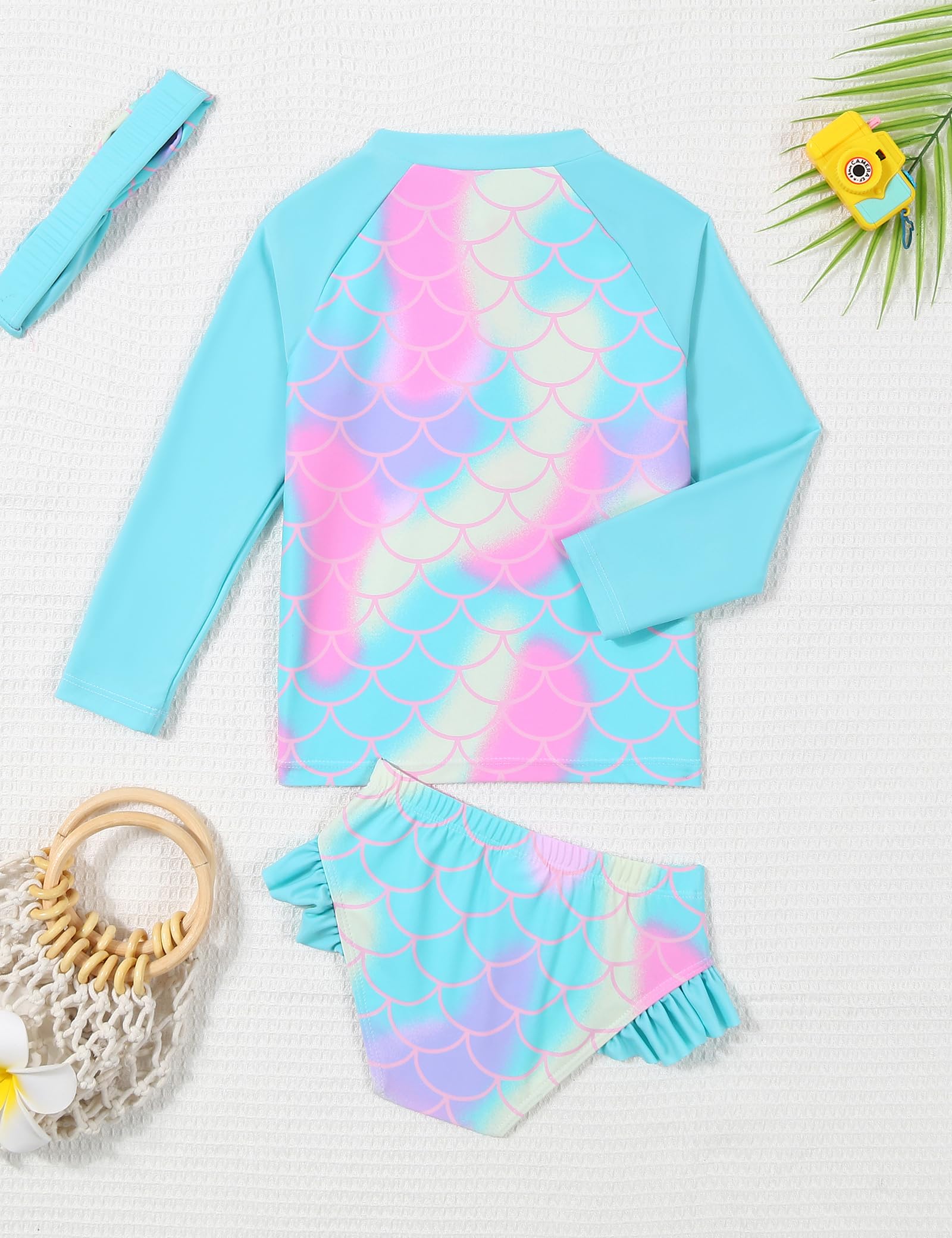 Maillot de Bain à Manches Longues pour Filles Maillot de Bain à Volants Protection Solaire UV Maillot de Bain 2 pièces pour l'été 3-10 Ans
