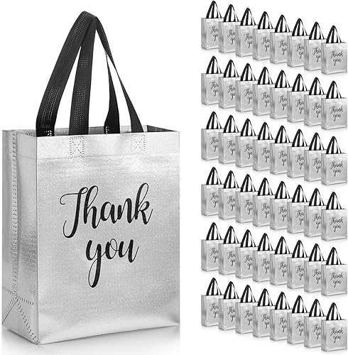 50 bolsas de regalo de agradecimiento brillantes con asas de 8 x 4 x 10 pulgadas, no tejidas, reutilizables, con acabado brillante, para bodas,