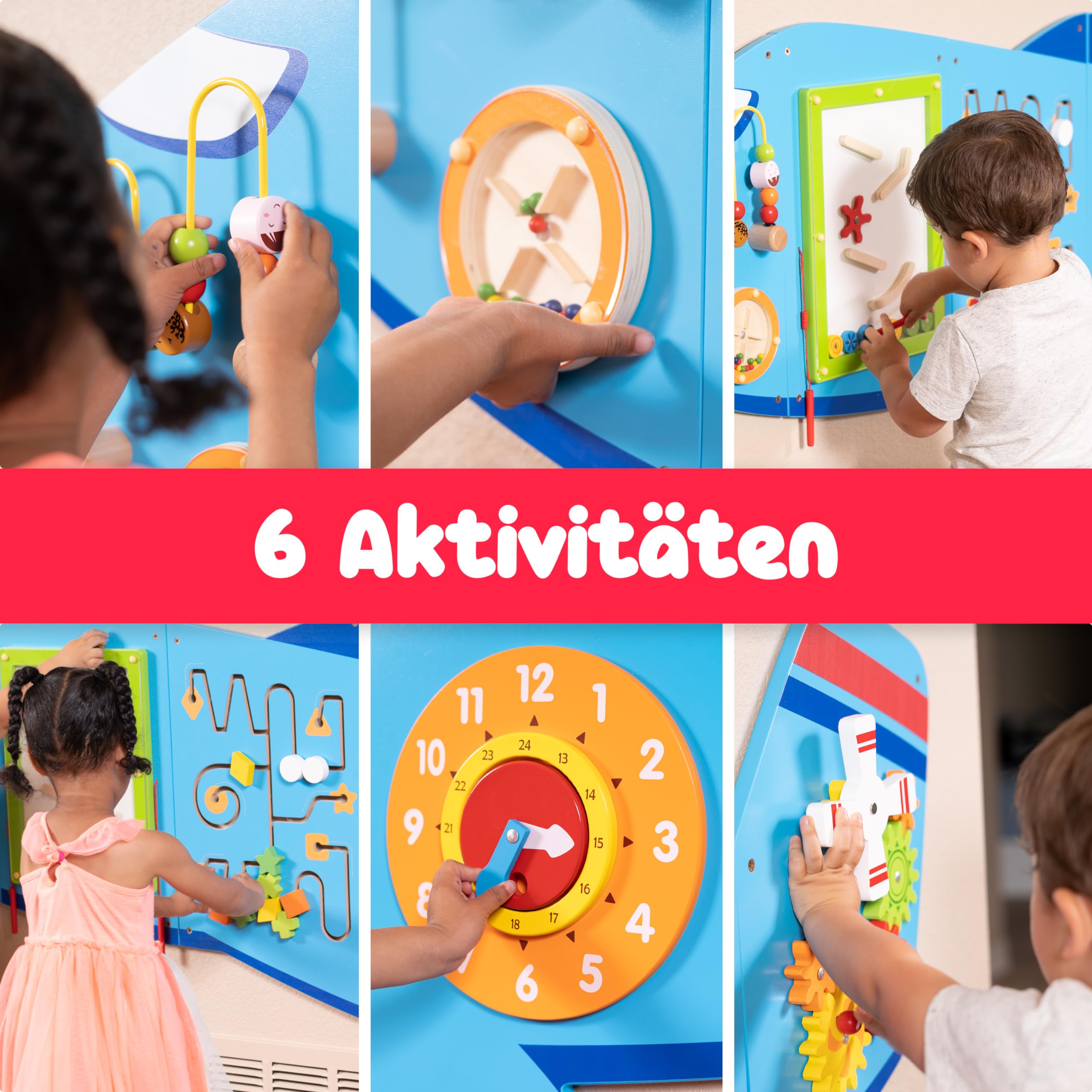 SPARK & WOW Flugzeug Aktivitäten-Wandtafeln - Ab 18 Monaten - Montessori Sensorisches Wandspielzeug - 6 Aktivitäten - Busy Board - Kleinkindzimmer Dekoration