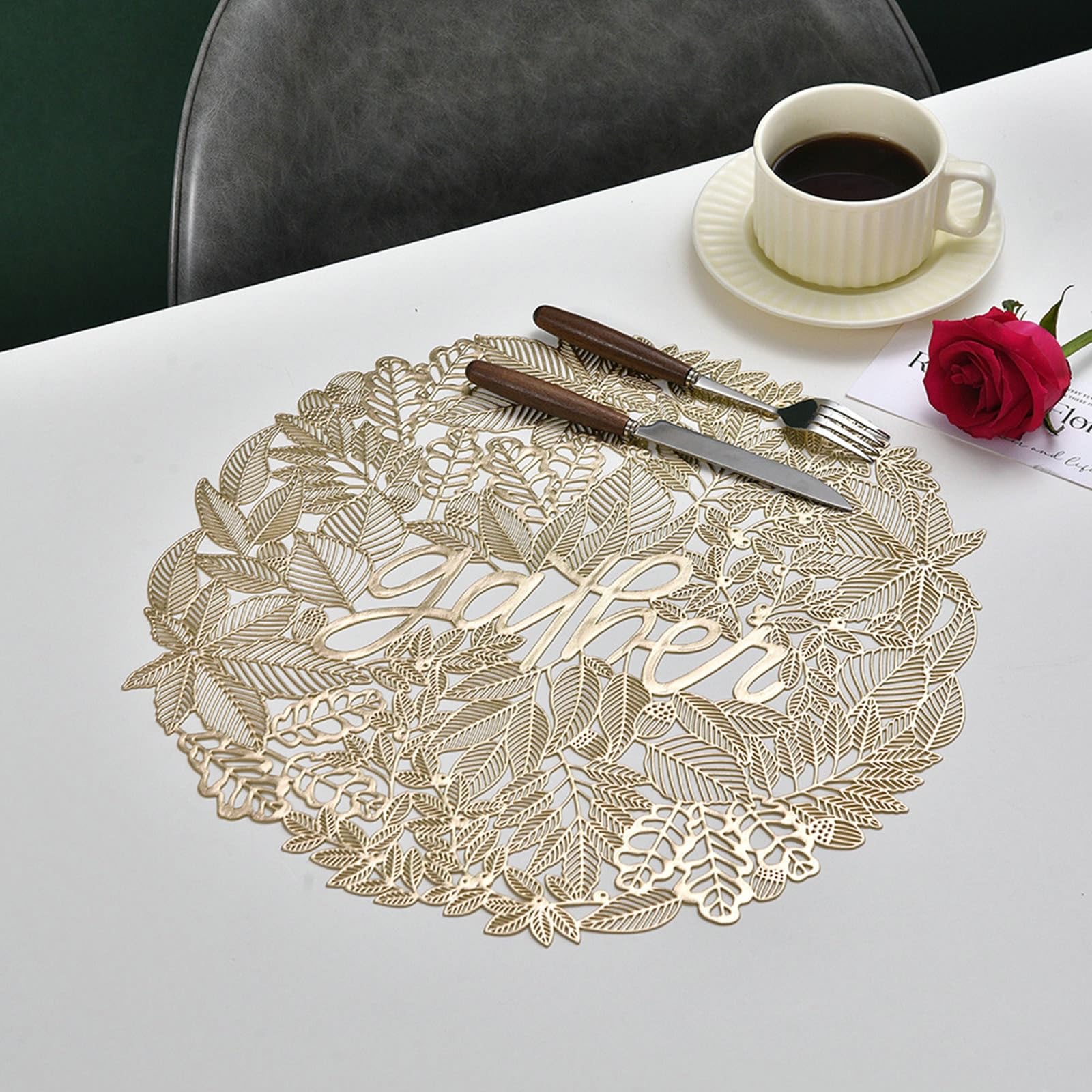 KnSam 10er Tisch-Sets Zum Geburtstag 38cm, Blätter Muster Tischmatten PVC, Abwaschbar Junge Platzset Rund für Küche Restaurant und Hotel, Gold