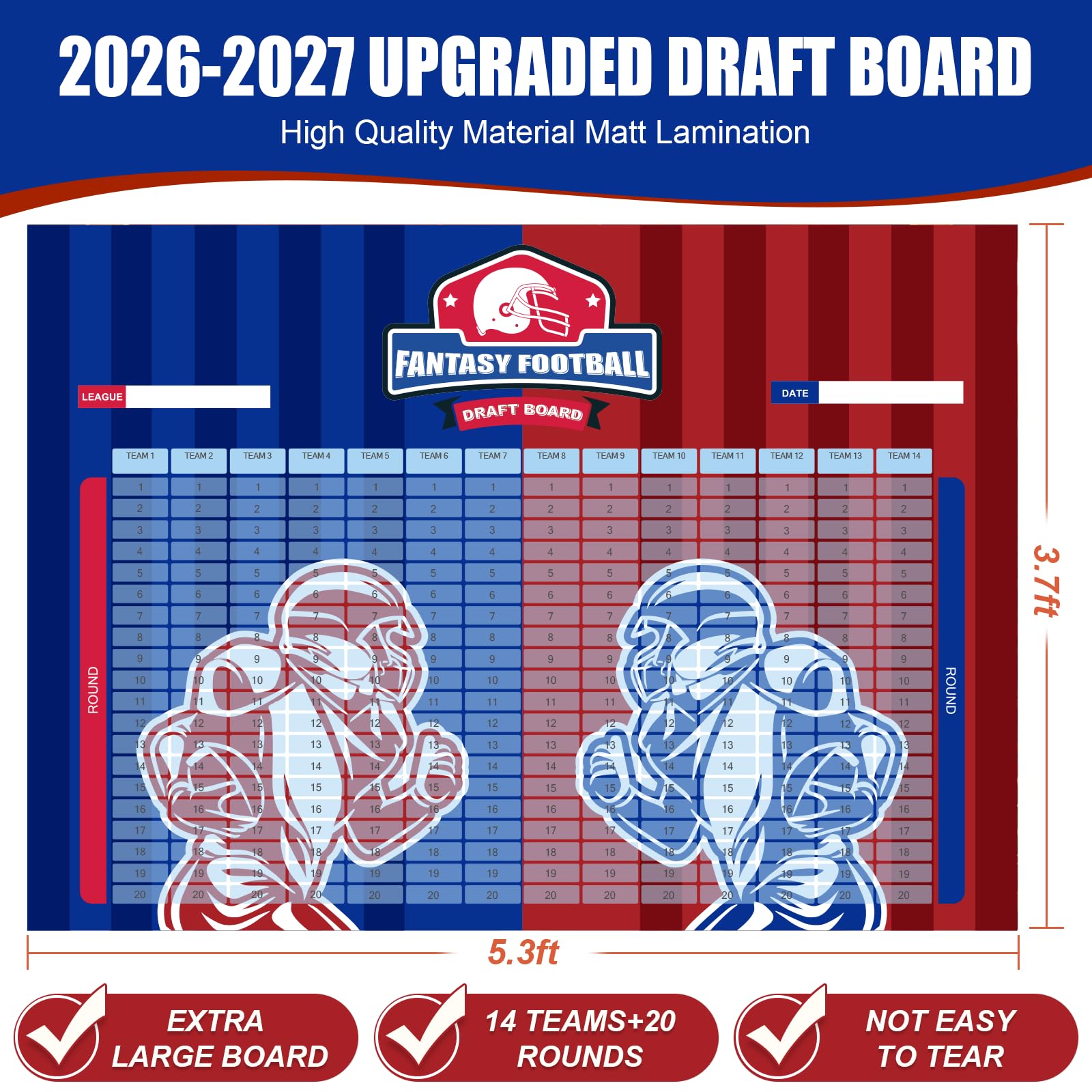 Happy Aplenty 2026 Fantasy Football Draft Board Kit, 14 Teams x 20 Runden, extra großes 15 x 100 cm Draft Board mit aktualisierten 600+ Spieler-Aufklebern, Blanko-Etiketten & Saisonplan 2026-2027
