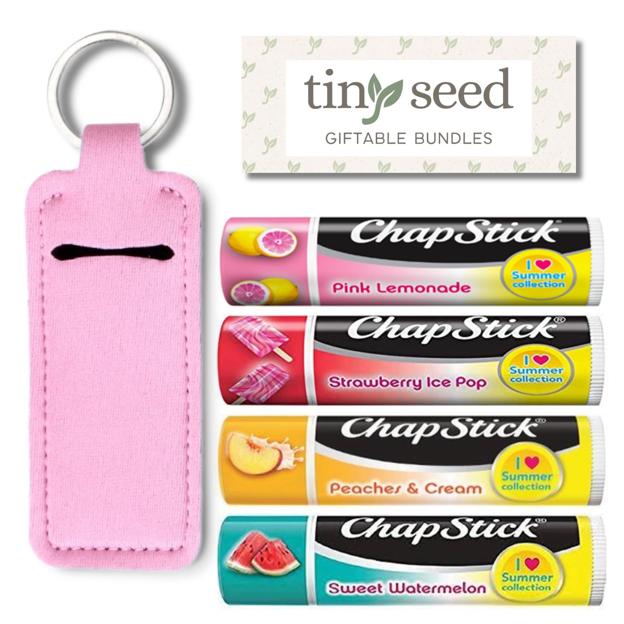TINY SEED Set of 4 Chapsticks: Strawberry Ice Pop, Pink Lemonade, Peaches & Cream, Sweet Watermelon. Limited Edition by Chapstick I Love Summer Collection. Includes Lip Balm Holder Keychain (Pink)