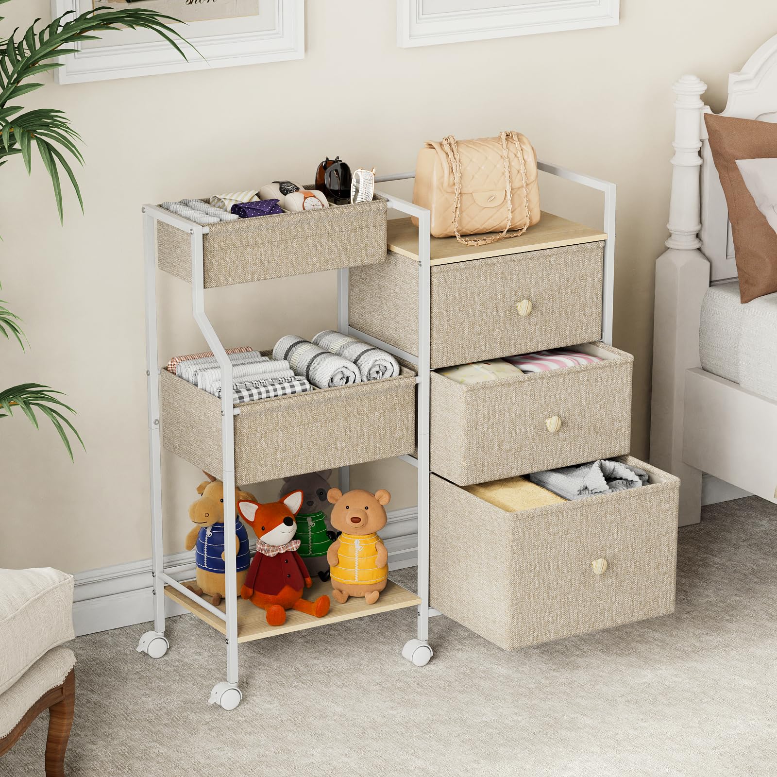 Organizador y almacenamiento para bebés, carrito rodante de 3 niveles con separadores y cajones, fácil de montar, carrito móvil con ruedas para guardería, dormitorio, cambiador y cuna, blanco 4