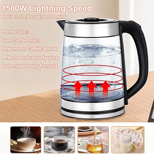 Miniatura 4 de Hervidor eléctrico de té de 2.2 L, hervidor de agua caliente eléctrico de 1500 W con apagado automático, tapa extraíble, hervidor portátil de