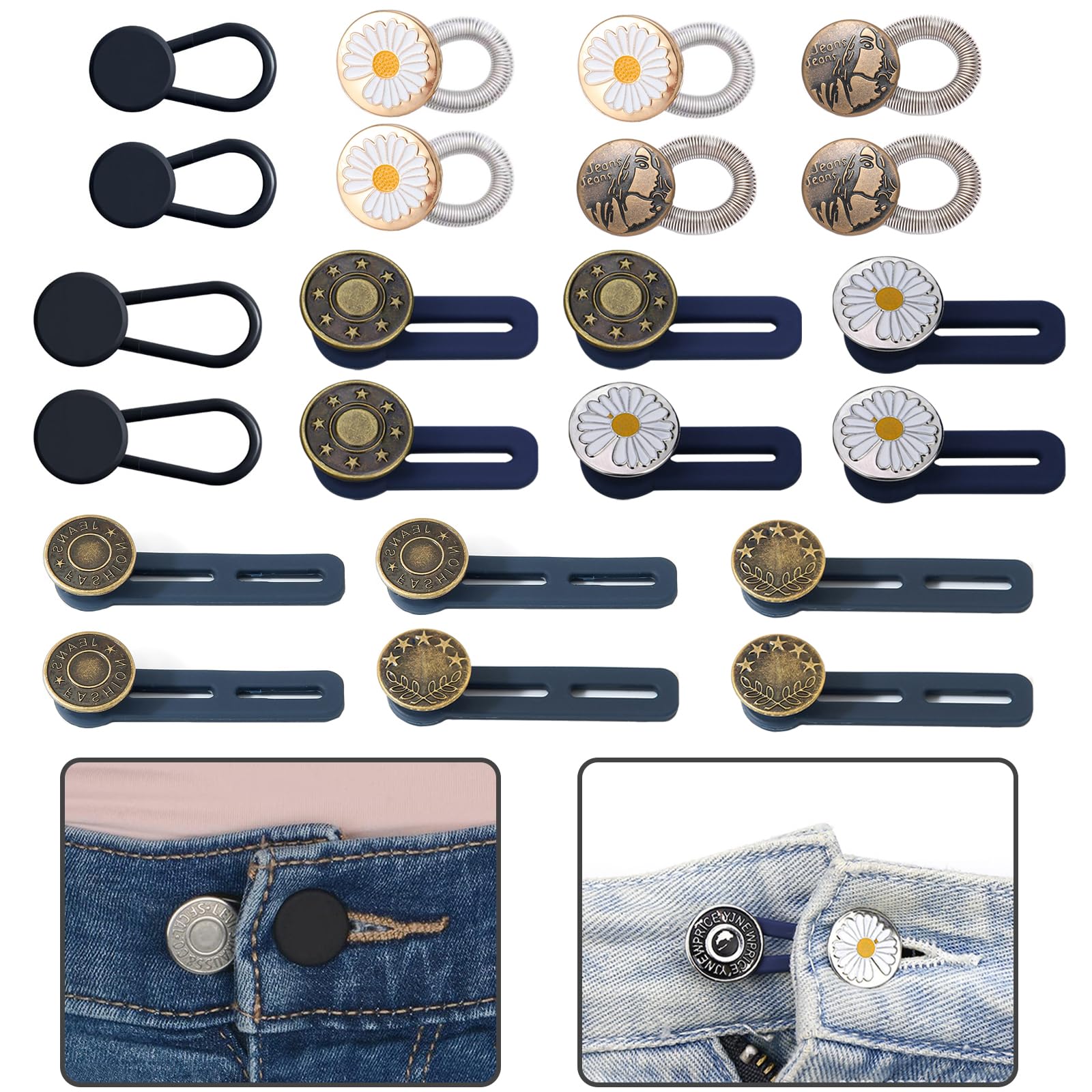 Voleleo 22PCS Button Extenders for Jeans -8 style No Sewing,Adjustable Waistband Extender Button,Pants Waist Button Extender for Women and Men's Pants Jeans Dress Skirts Extension 1-2 Inches