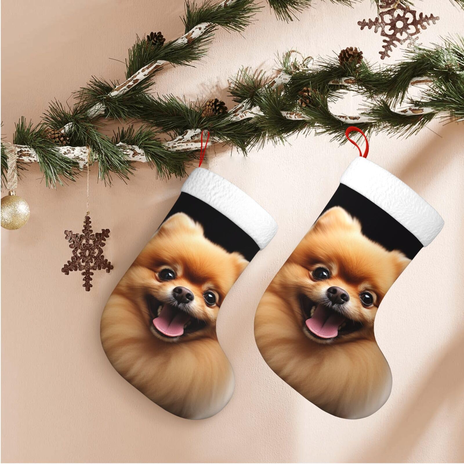 Pomeranian Christmas Stockings Velvet Xmas Fireplace Hanging Stocking with Plush Cuff Rustic Christmas Santa Stockings for Home Christmas Decorations Party Favor Supplies
