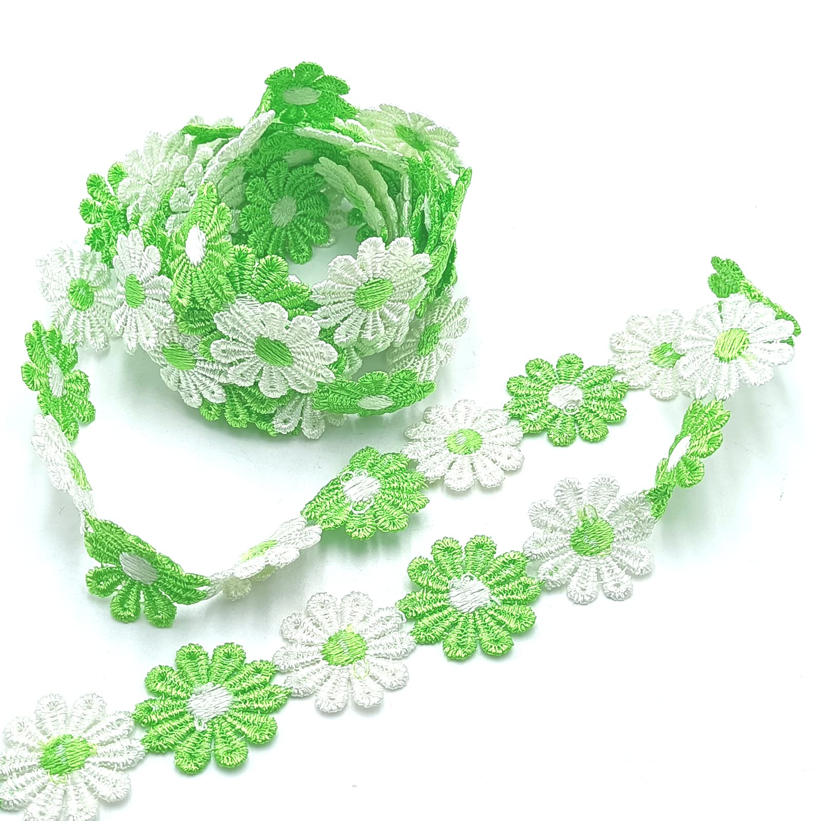 3 Yards Colorful Daisy Flower Lace Sun Flower Ribbon Wedding Embroidered Decorating Lace, for DIY Craft Handmade Make Sewing Supplies (Green)