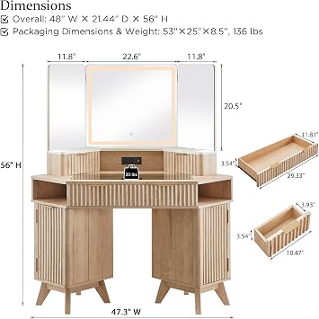 T4TREAM Fluted Makeup Vanity Desk with 3 Way Mirror and Lights, 48 Large Corner Vanity Table with Glass Top, Charging Station, 3 Drawers, Storage Cabinets & Shelves, for Bedroom, Natural Oak