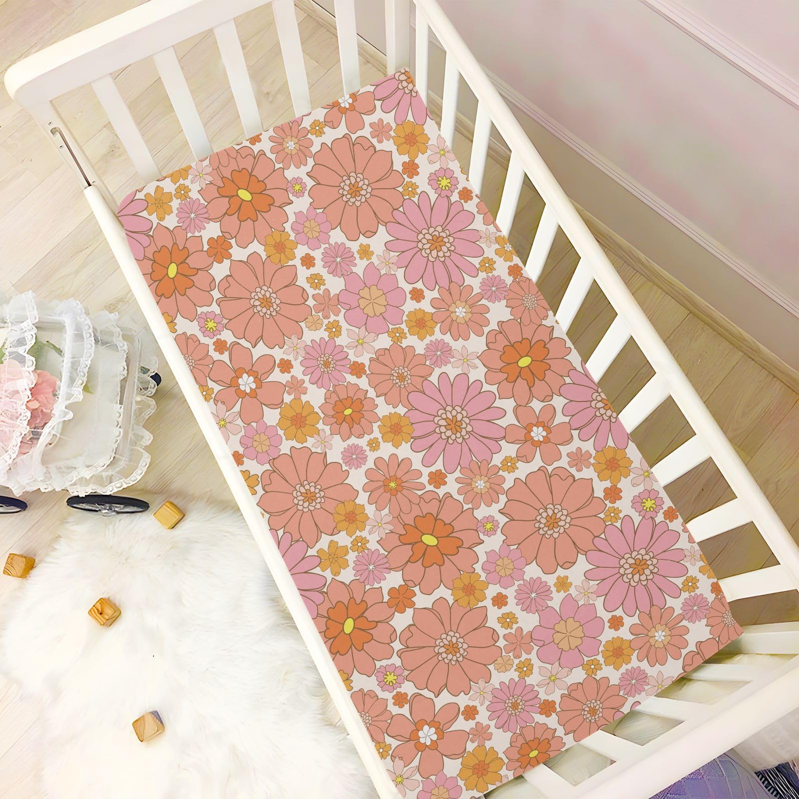 CaTaKu Mini Crib Sheets Fitted for Girls Boys Retro Orange Flower Baby Crib Sheets, Neutral Mattress Sheets Nursery Toddler Bed Sheets 28