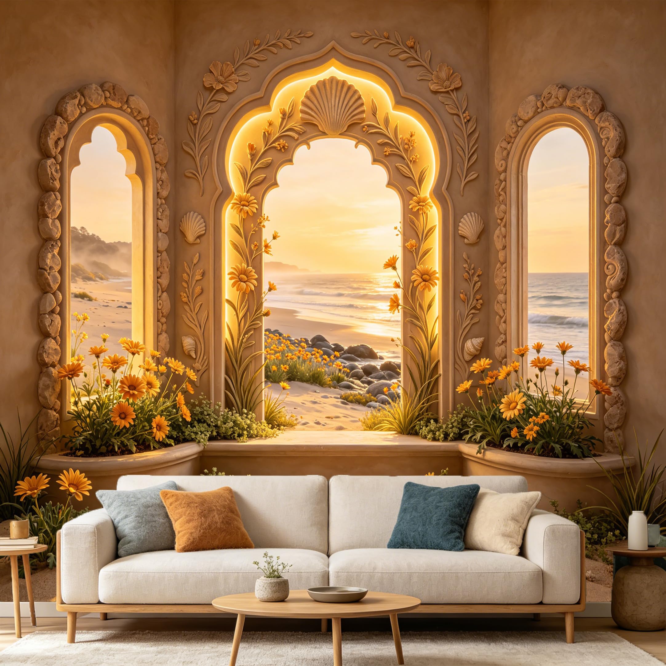 Custom Size Wall Mural， 3D Coastal Ocean View Window， Mediterranean Floral Archway， SelfAdhesive Art Prints wall Fabric Removable Large Wallpaper Home Living Room Decor