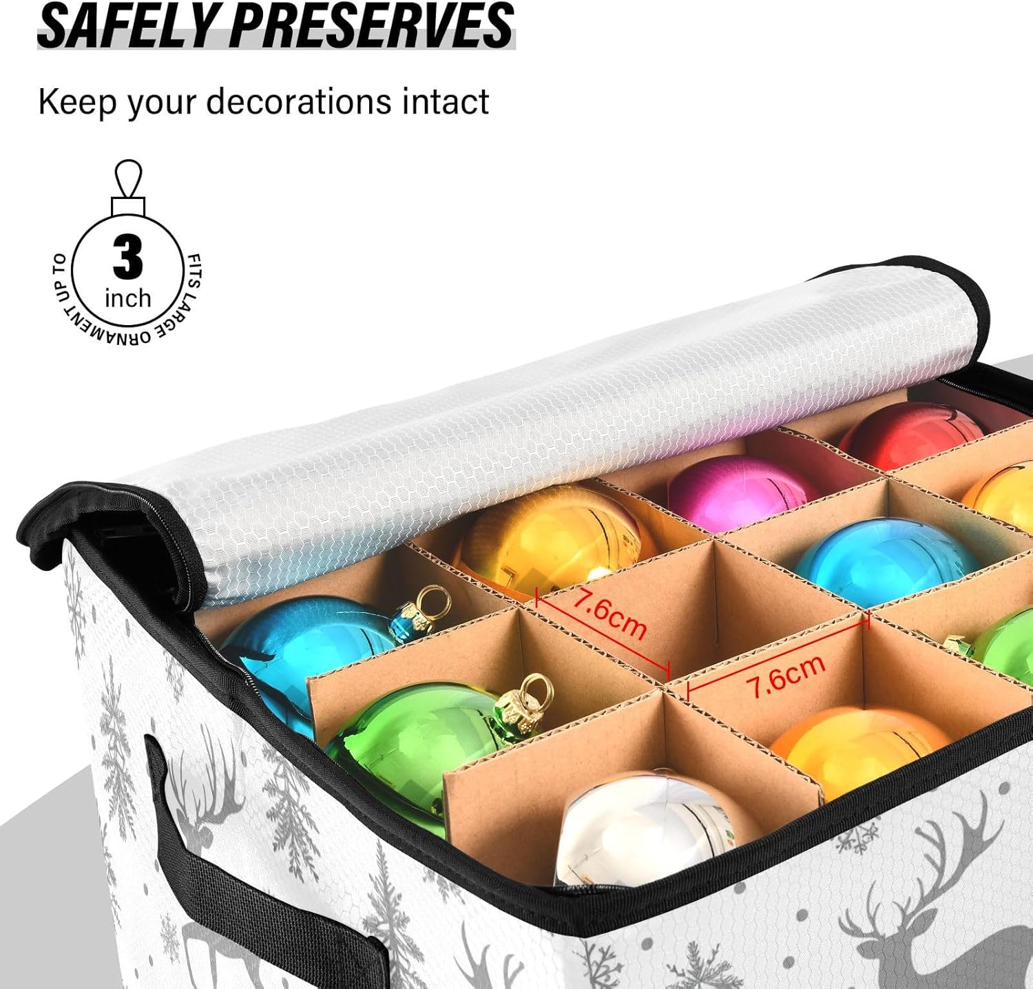 High Capacity Christmas ornament organizer storage Holds Up to 64, Adjustable Dividers Large Holiday Storage Case with Lid,Deer and Snowflakes Grey