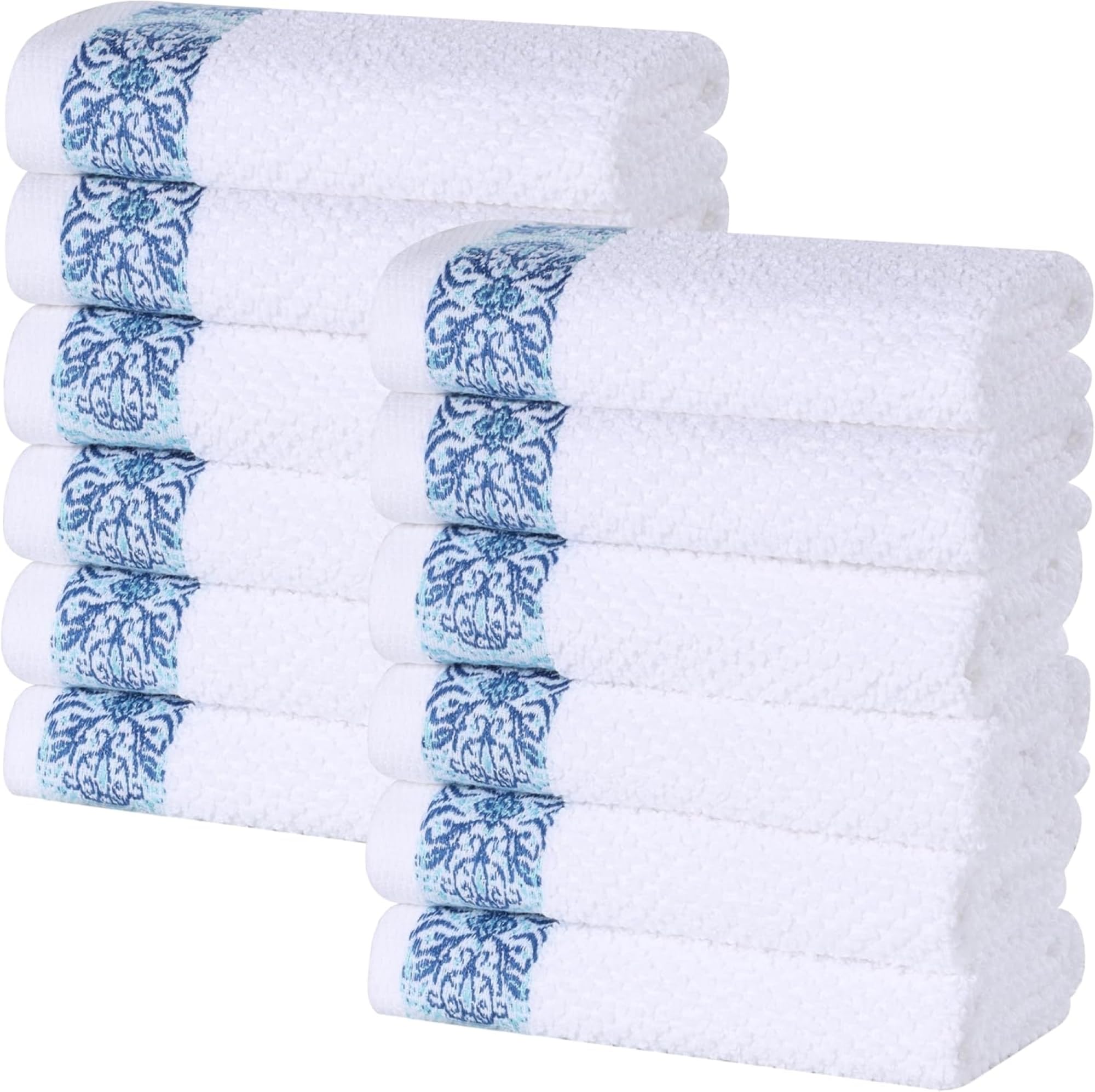 Superior Medallion Lot de 12 débarbouillettes en coton absorbantes, jacquard texturé, séchage rapide, douche, spa, cuisine, essentiels de salle de bain, petites serviettes, blanche-turquoise