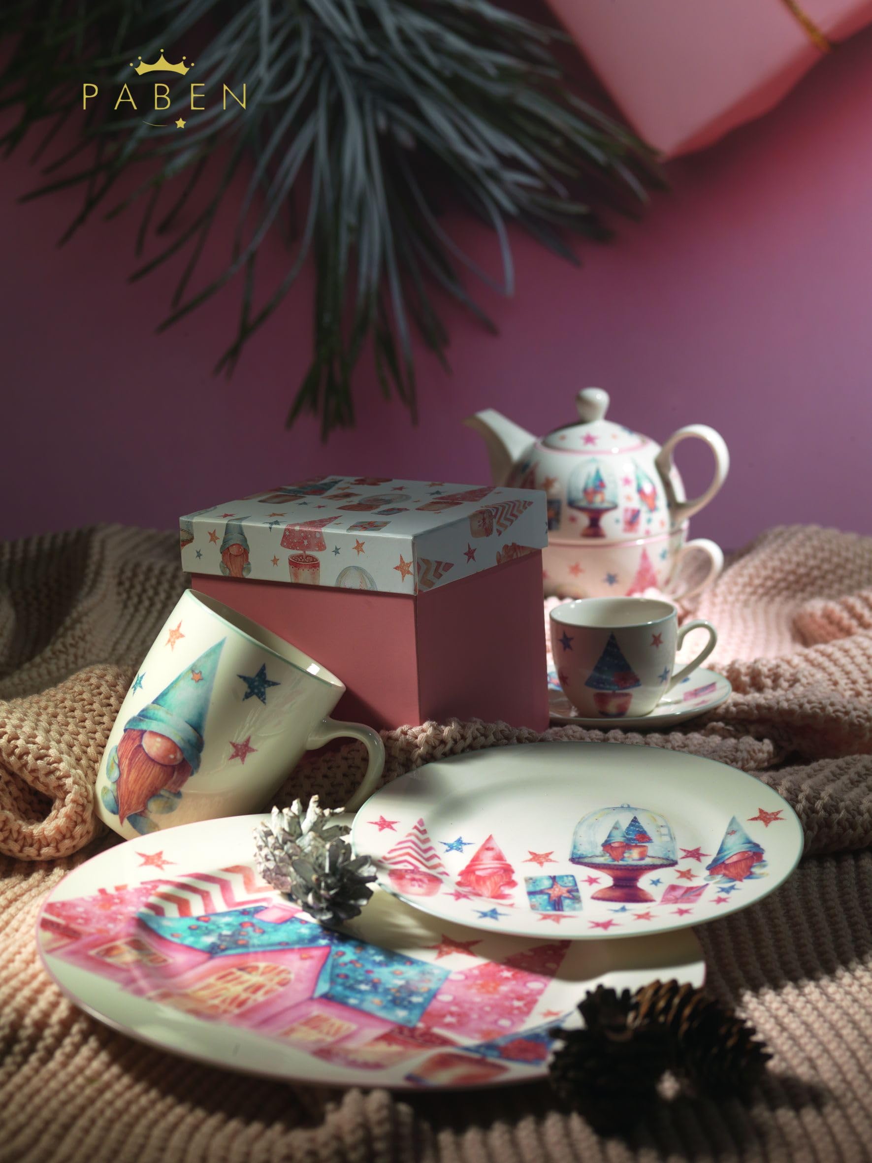 Servicio de platos navideño de 18 piezas con tema de Navidad en porcelana de autor Nàvel 6 fondos Ø 21,6 cm, 6 platos Ø 21,6 cm y 6 platos Ø 26,7 cm con elegante caja litografiada