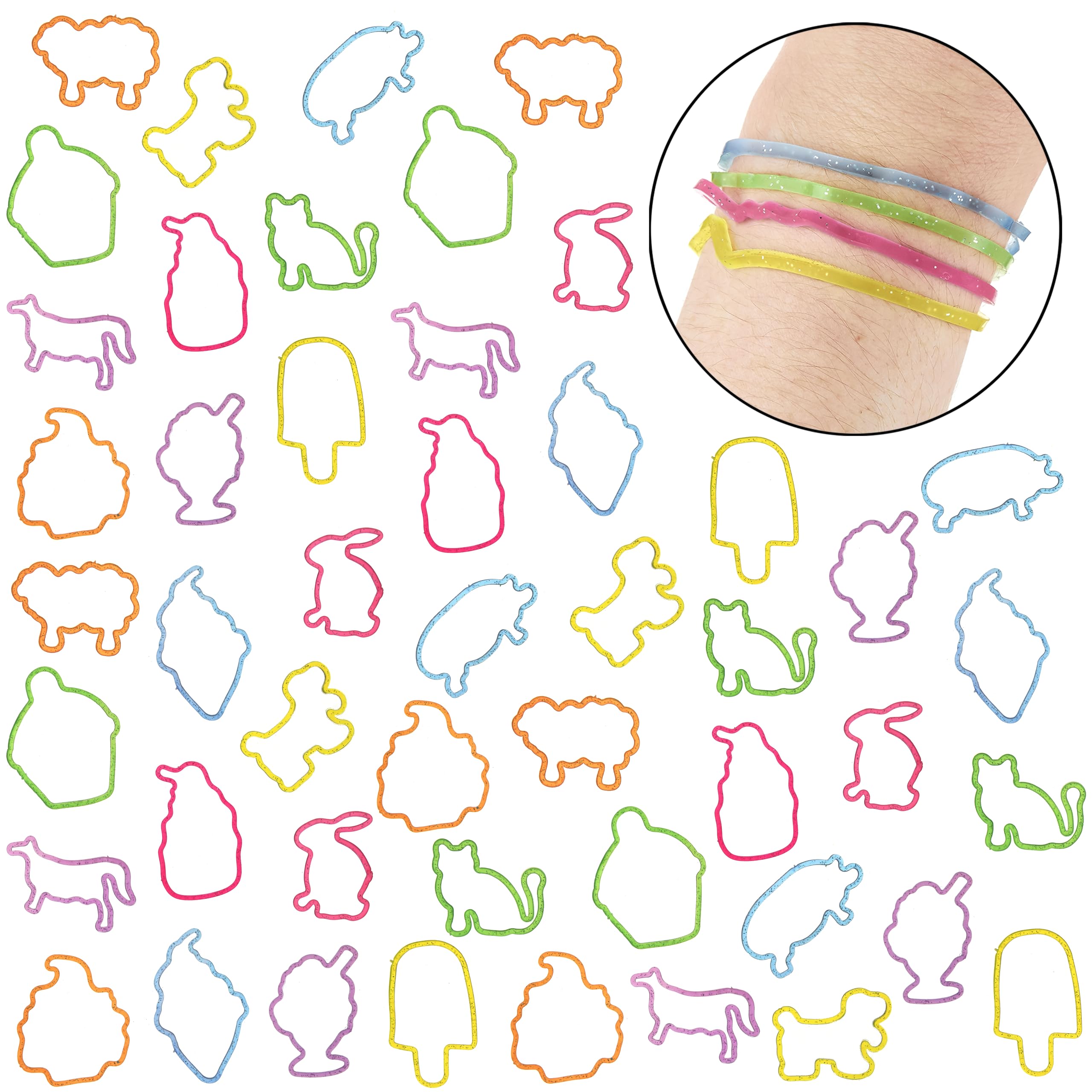 48pc Shaped Gummie Bracelets - Bulk Pack Colorful Pastel Glitter Rubberband Bracelets, Kids Party Favors & Bracelet Kit