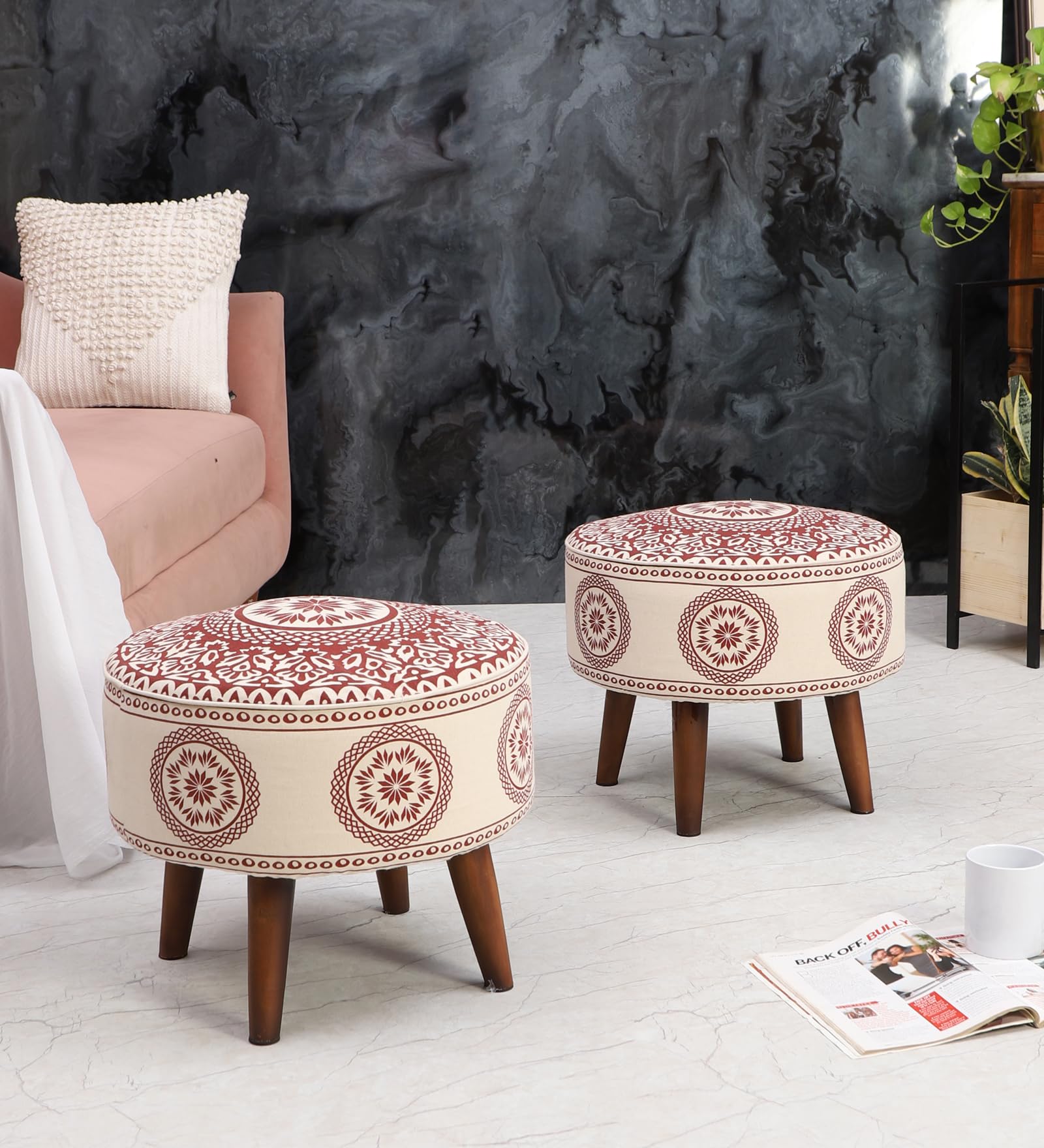 decoghar wine ottoman with wooden legs | upholstered round vanity makeup footrest stool | modern furniture for living room and bedroom | pack of 2