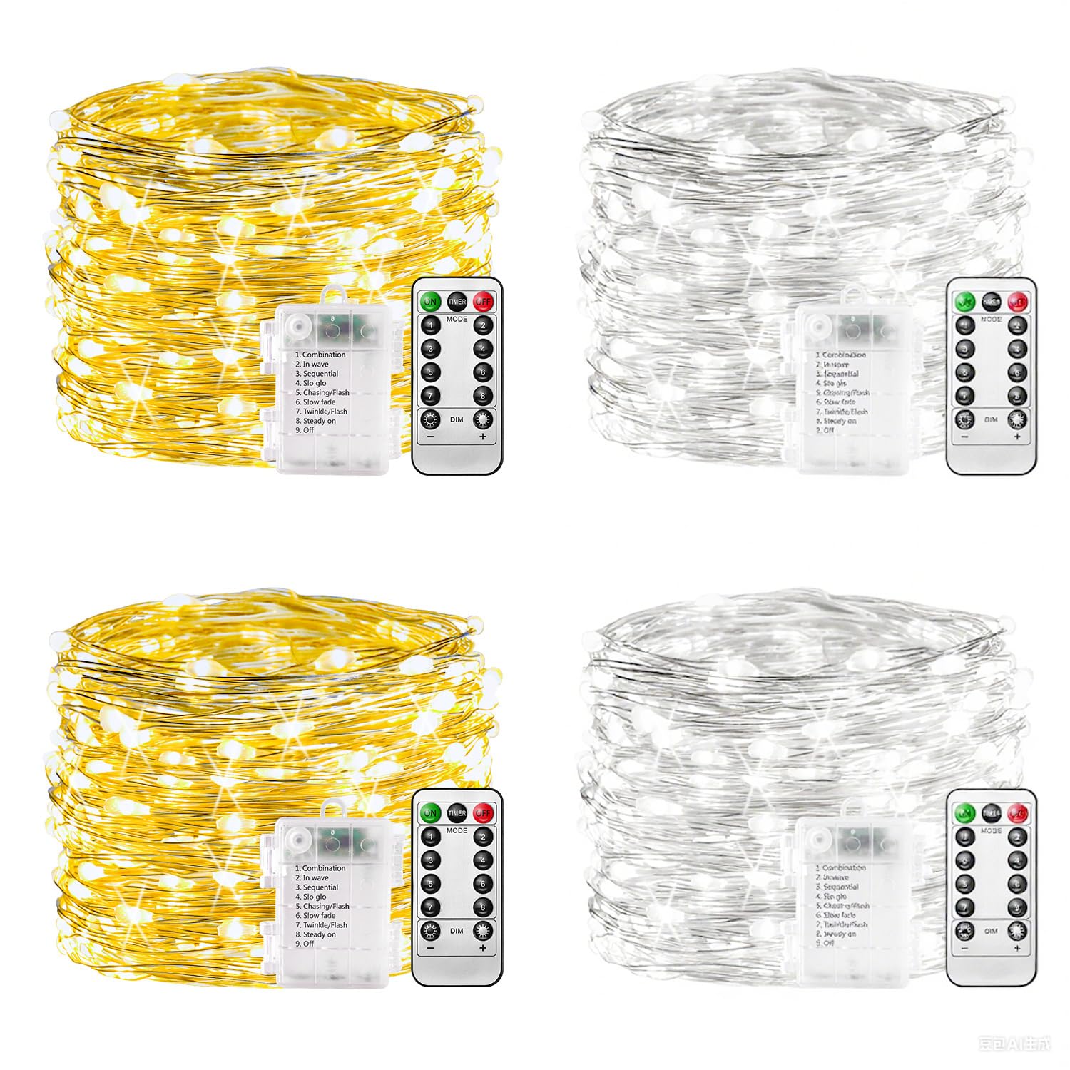 Battery Fairy Lights - 2Pack White 2Pack Warm White, 10m 100 Led Copper Wire Fairy Lights, 8 Modes Remote Control Timer, Waterproof String Lights Battery Operated, Christmas Decoration Indoor Outdoor