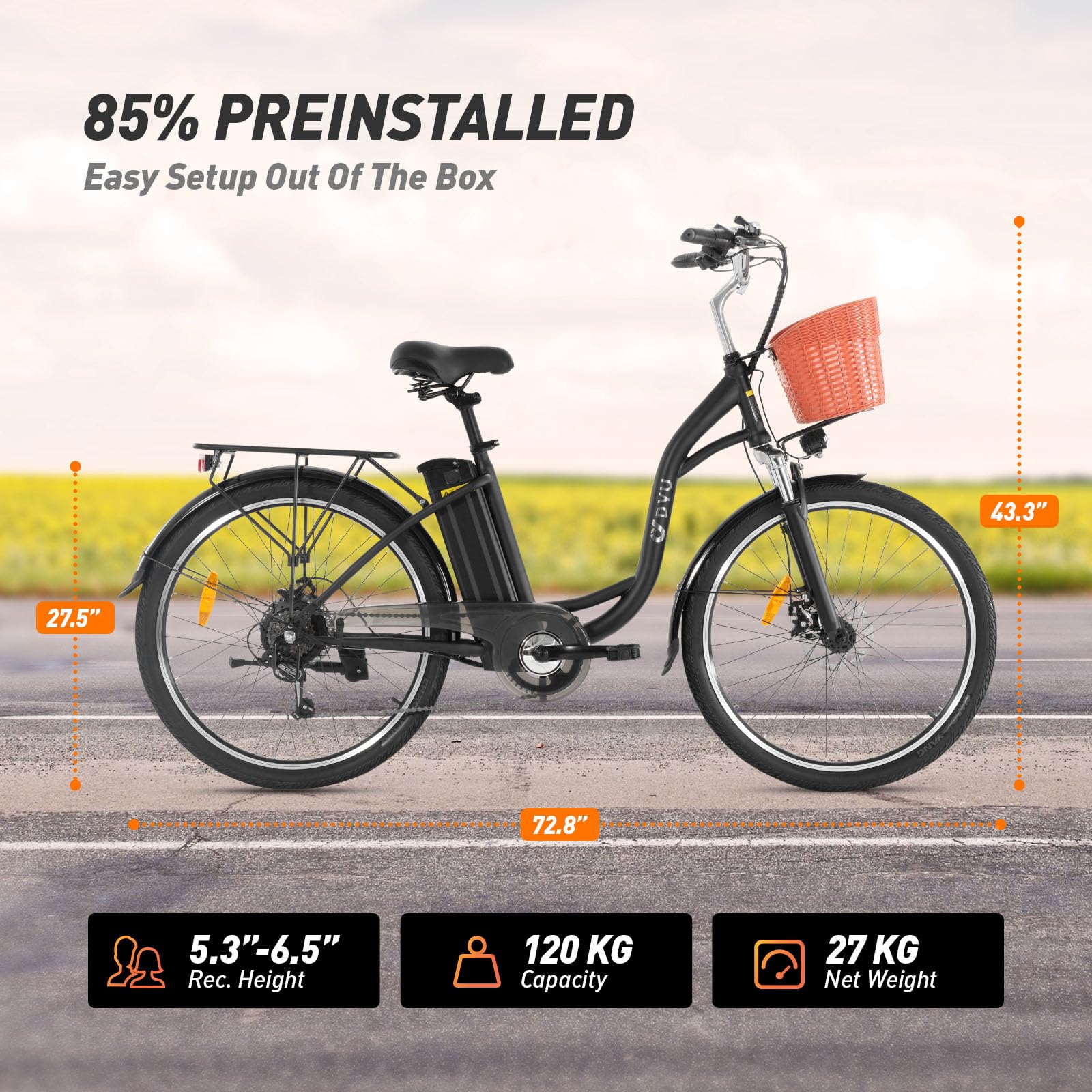 DYU Vélo Électrique,26 Pouces Vélo Électrique avec Dérailleur 6 Vitesses,36V 12,5Ah Batterie Amovible,Smart Urban E-Bike avec Panier,Pédalage Assisté,Hauteur Réglable,Adulte Unisexe