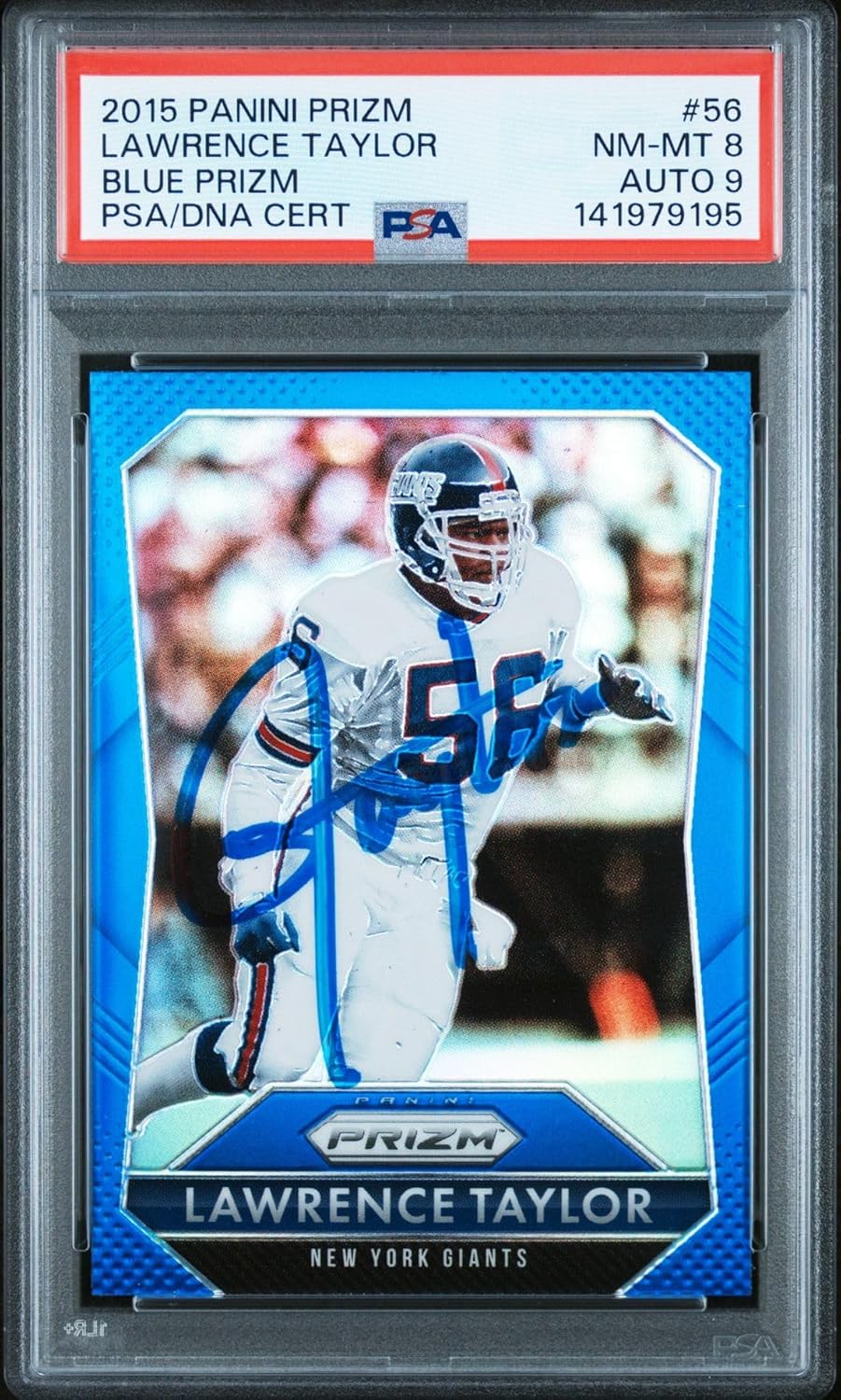 Lawrence Taylor 2015 Panini Prizm Blue Signed Football Card #56 Graded PSA 8 Auto 9 Cert #141979195