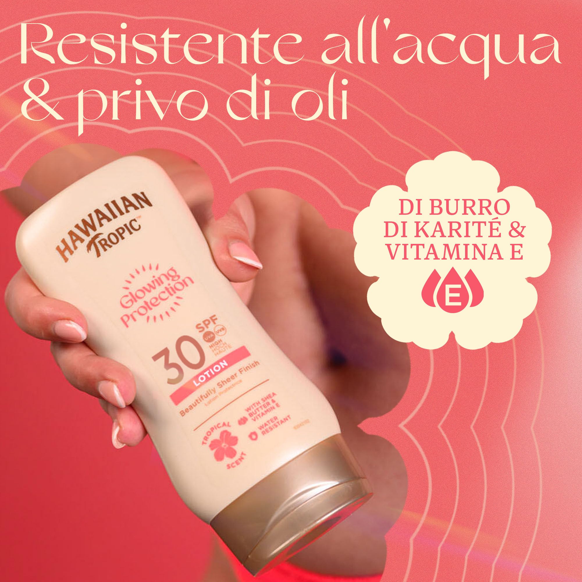 Hawaiian Tropic | Glowing Protection Lozione Solare SPF30, Protezione UVA + UVB, 180 ml, Profumazione Tropicale, con Burro di Karité, Resistente all'Acqua, Vegano