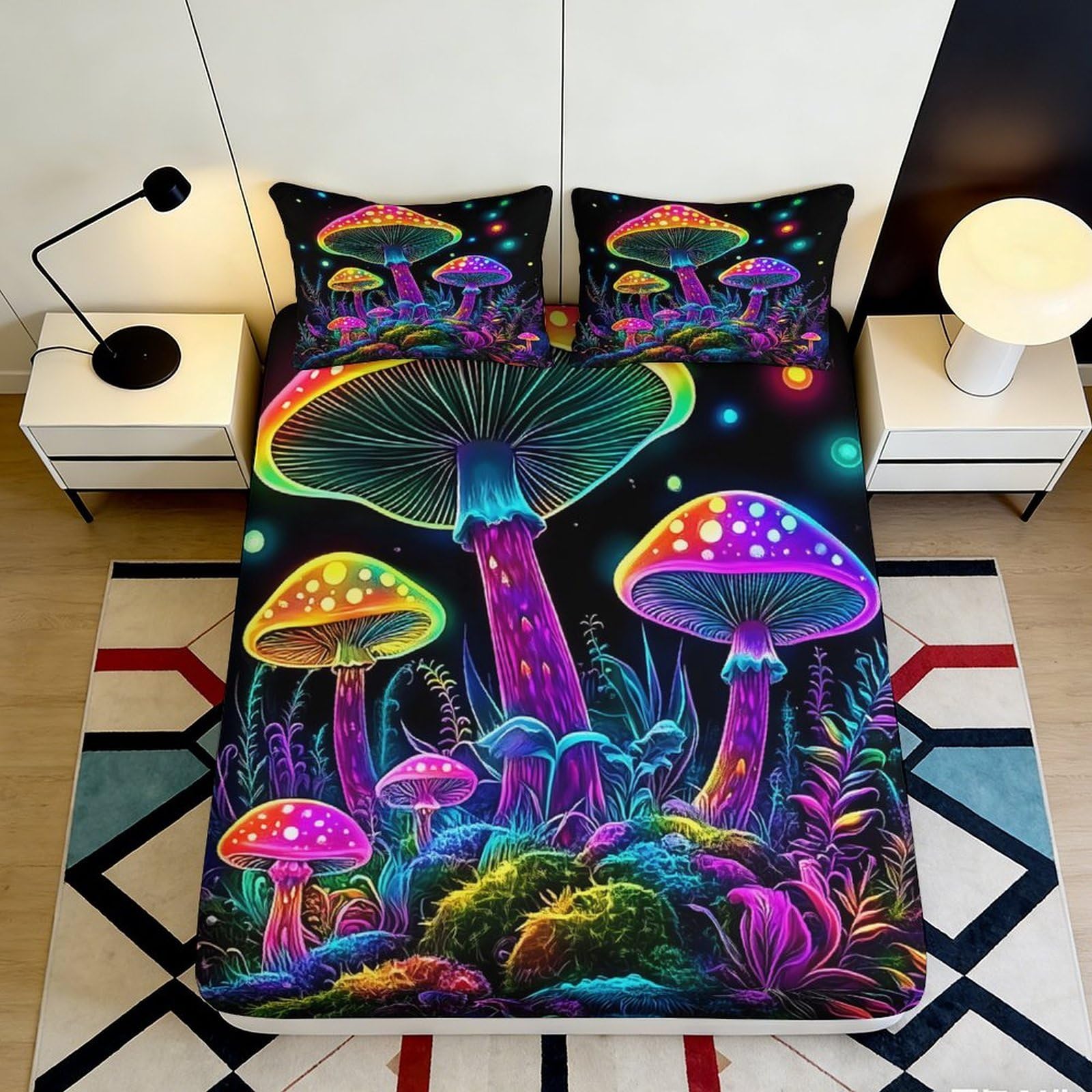 3D Printed Psychedelic Mushroom Fitted Sheet Microfiber Colourful Bedroom Decor Fantasy Mattress Cover for Home Dorm 90x200x25cm