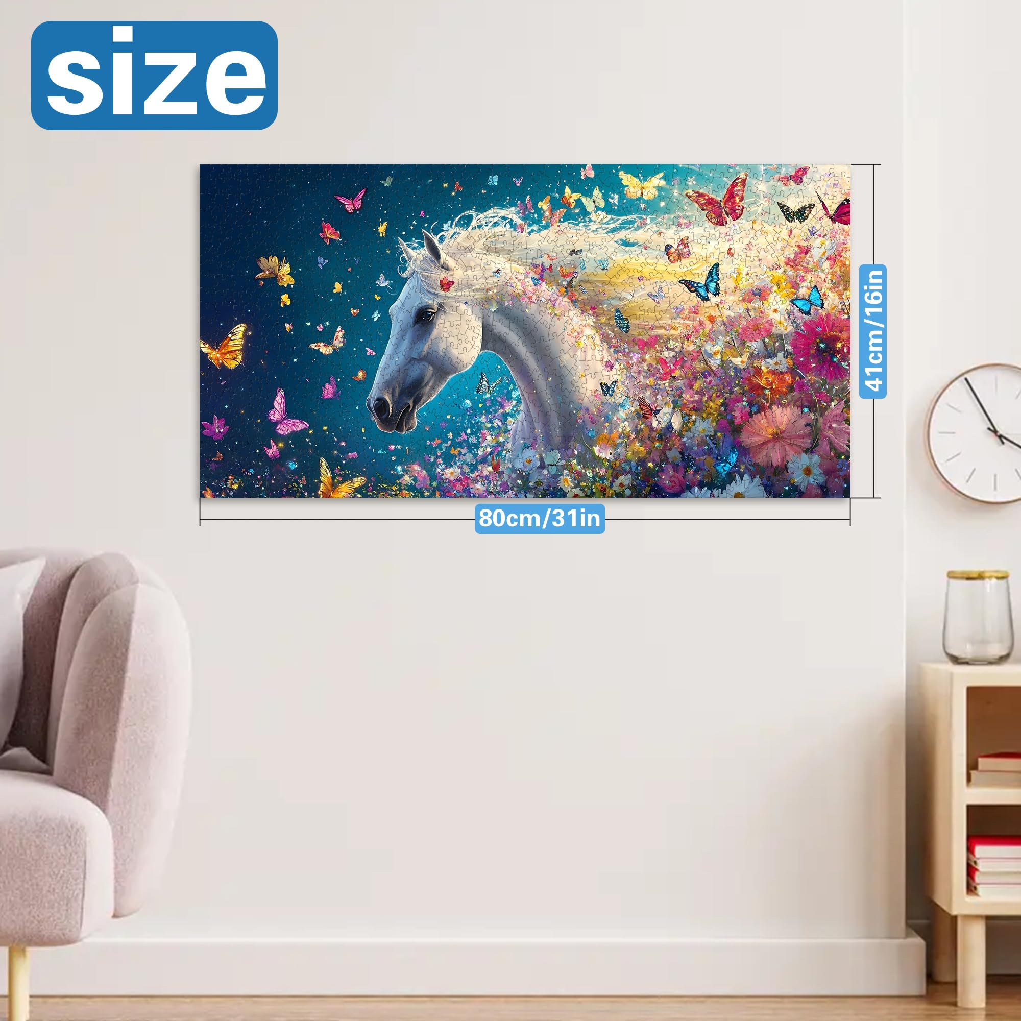 Pavemlo Special Shape Puzzles for Adults 1000 Pieces - Butterfly White Horse Jigsaw Puzzle Challenging Impossible Puzzle, Unique Home Decor & Game (16x31Inch/41x80cm) for Puzzle Lovers - 4