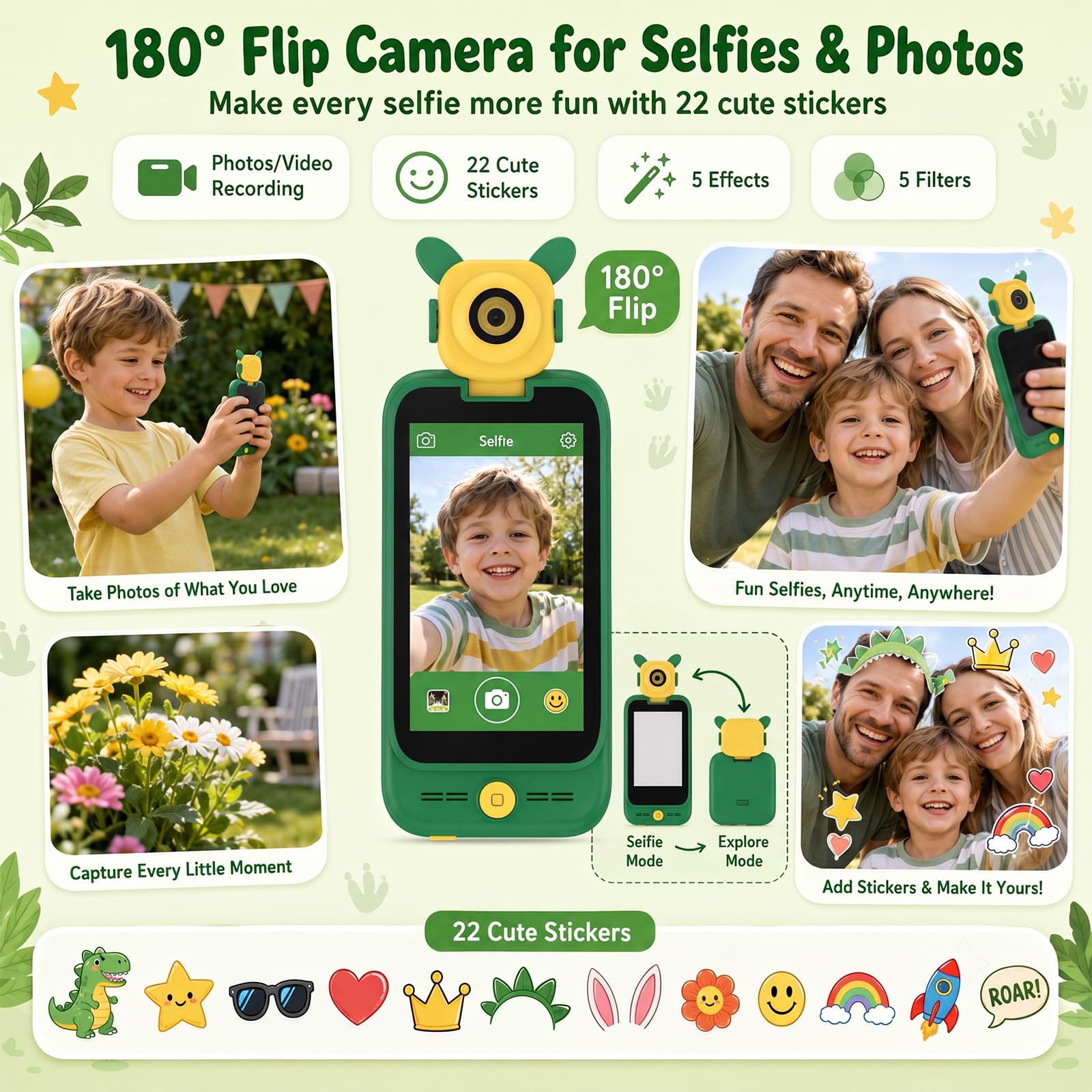 Teléfono Móvil Juguete Niños con Microscopio: Smartphone Portátil 3-8 Años | Cámara Giratoria 180° Pantalla Táctil 2.8 Tarjeta 32 GB Juegos Ciencia Educativo STEM Regalo Cumpleaños Dinosaurio Niño Niña