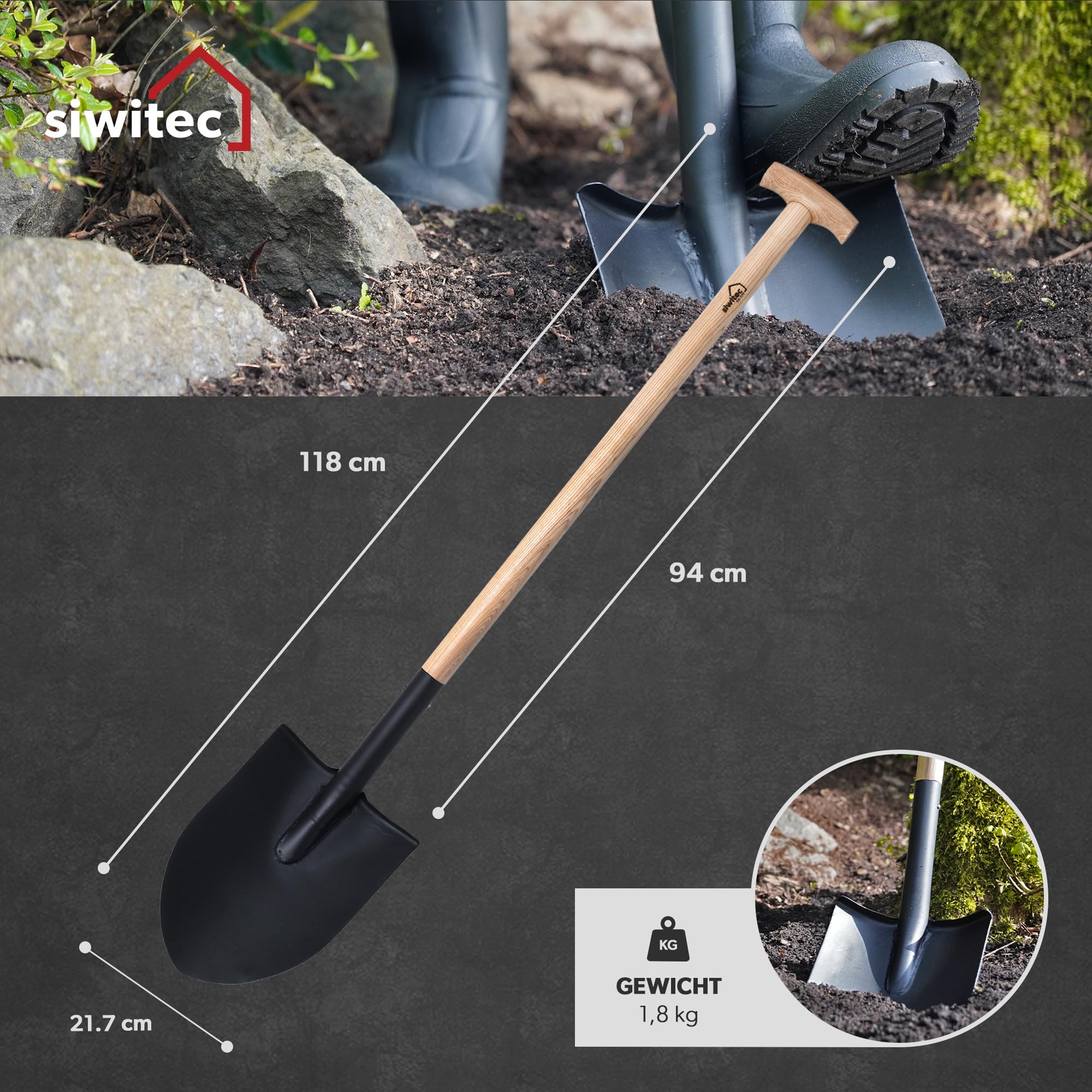 siwitec Gartenspaten rund SG-320 mit Holzstiel für weiche, steinarme Böden | ergonomischer Spaten mit Eschestiel und Stahlblatt | Länge: 118 cm | Garten | Gärtnerspaten