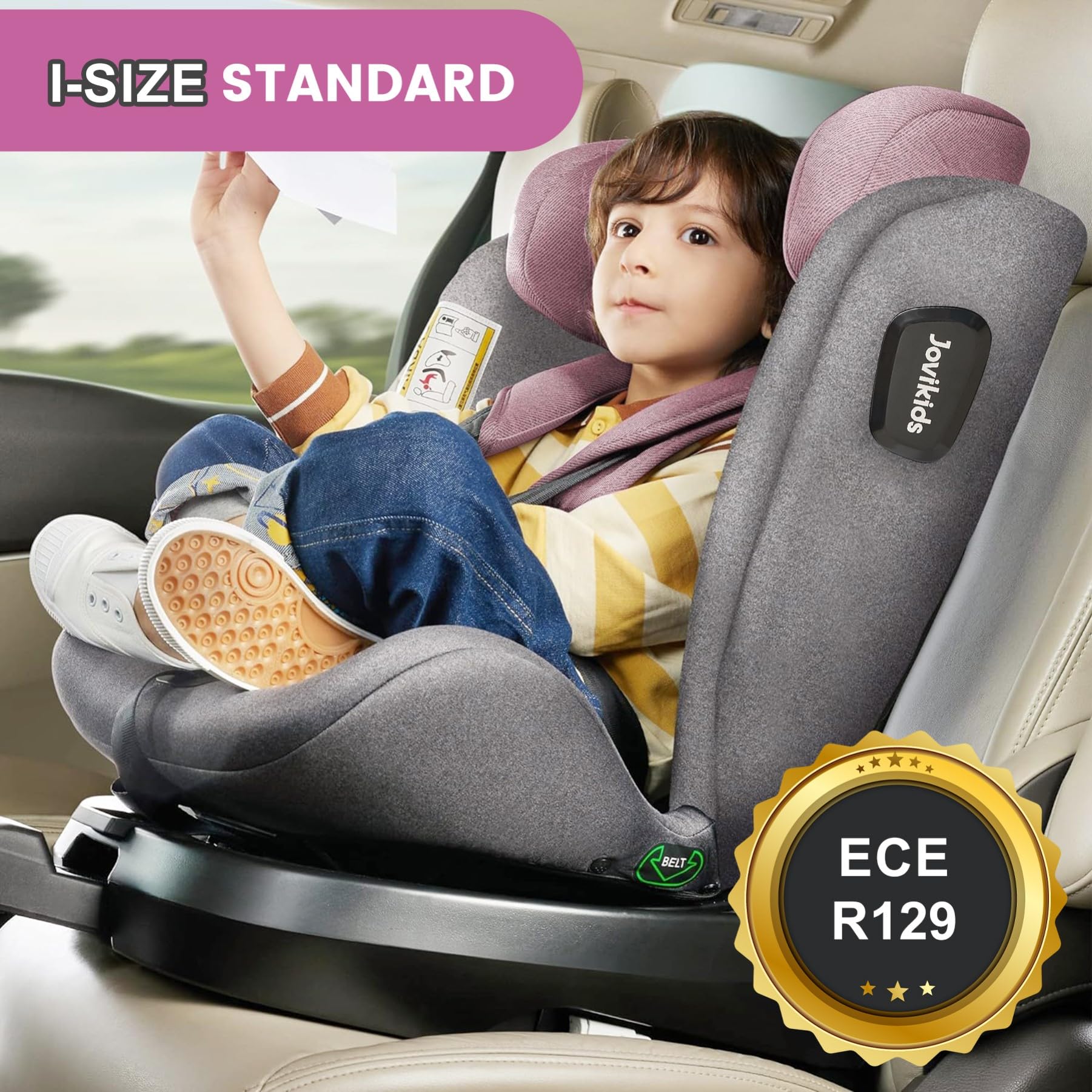 Jovikids i-Size Seggiolino Auto 0-36kg, 360°Girevole Ovetto Neonato Auto con Isofix e Gambe di Supporto 40-150cm dalla Nascita a Circa 12 anni (Rosa)