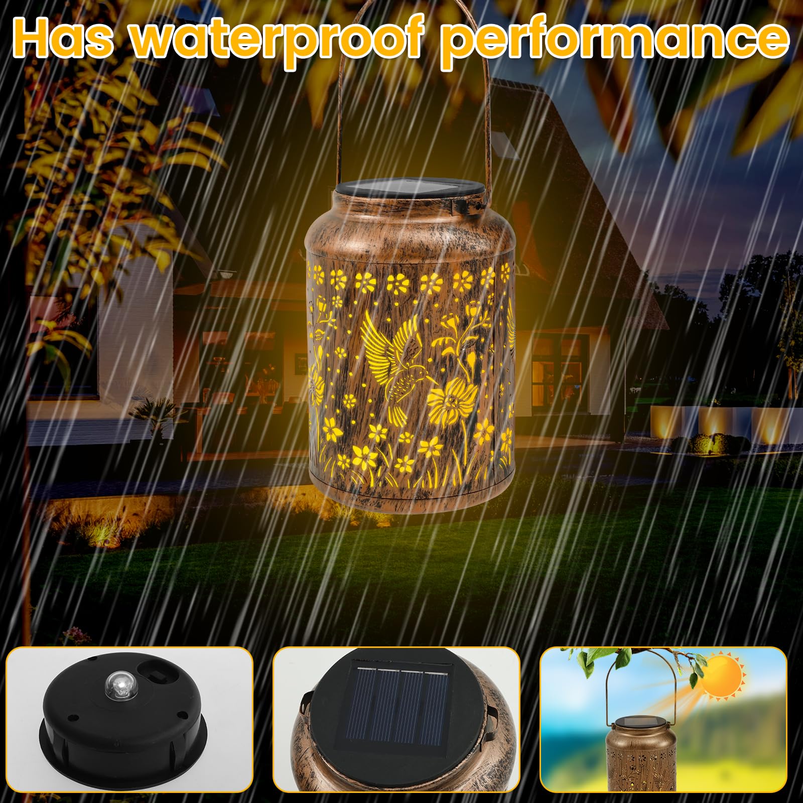 2 faroles solares decorativos de metal ahuecados impermeables LED para porche o árbol (marrón oscuro, 2)